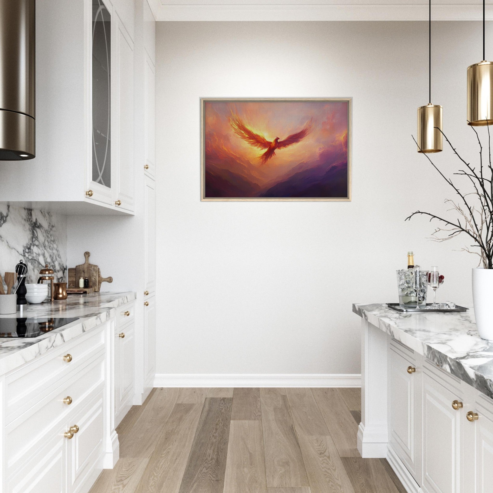 Framed Canvas Landscape - A celestial phoenix soars above a misty valley - Shop Ai Art WebShop - Digital Art online Store