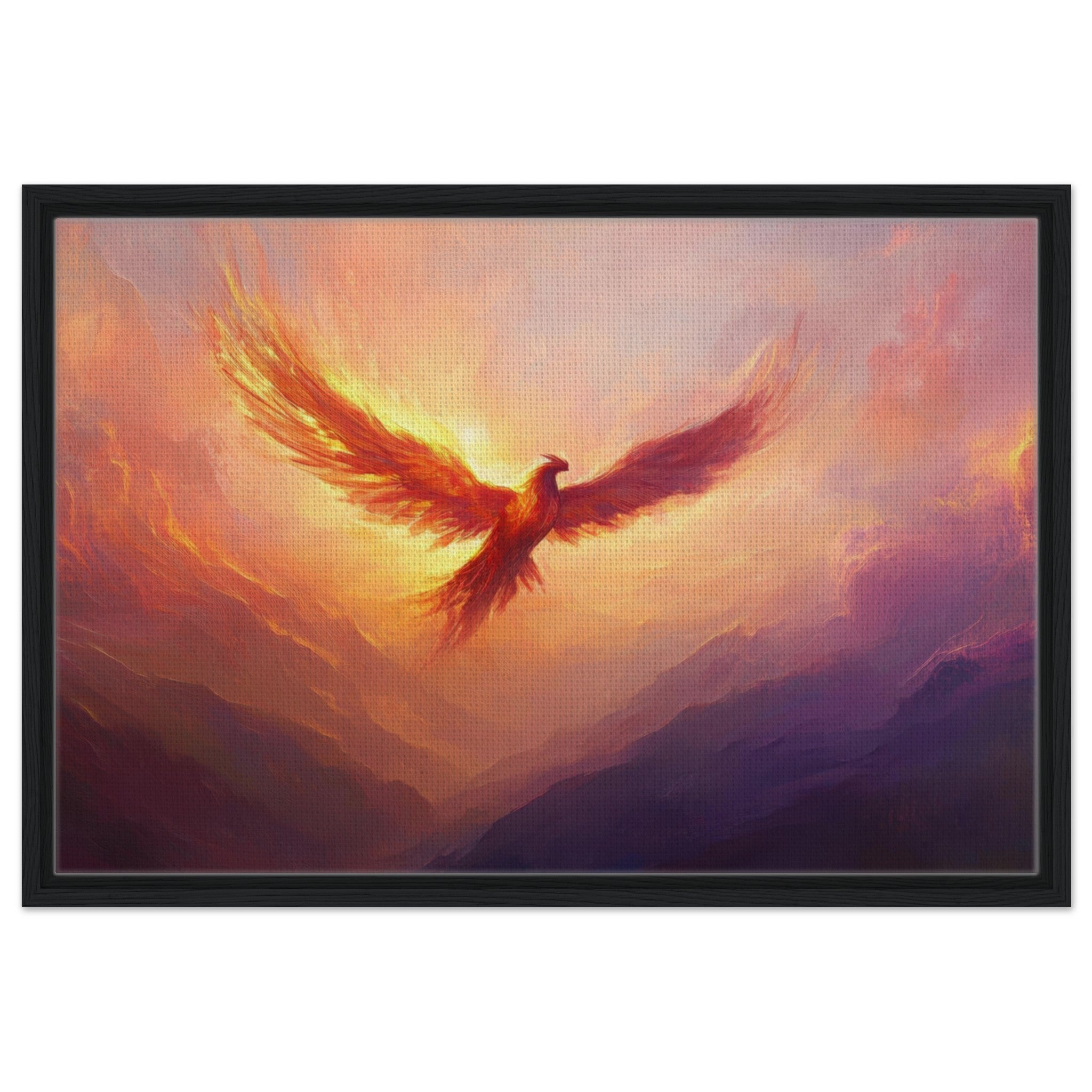 Framed Canvas Landscape - A celestial phoenix soars above a misty valley - Shop Ai Art WebShop - Digital Art online Store