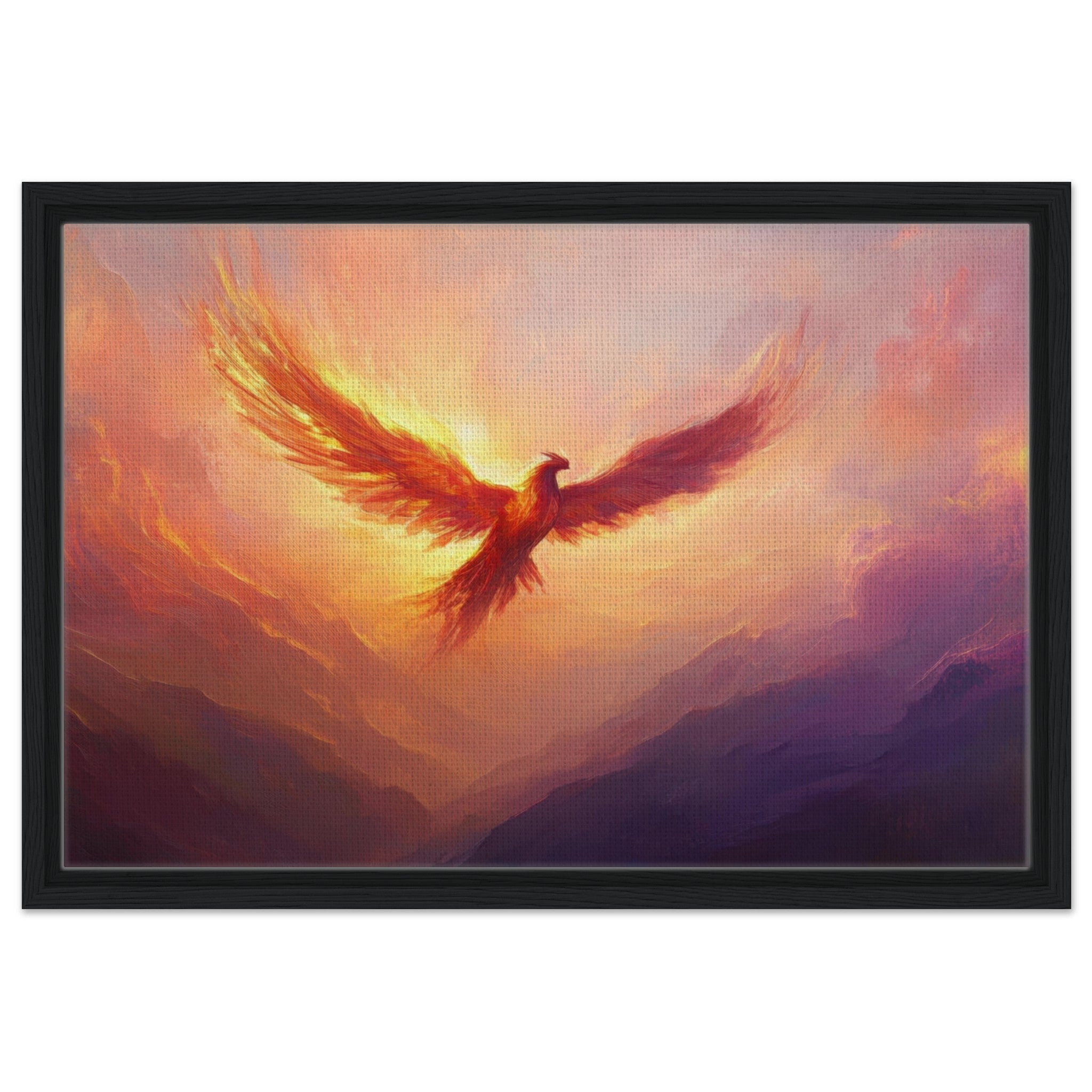 Framed Canvas Landscape - A celestial phoenix soars above a misty valley - Shop Ai Art WebShop - Digital Art online Store