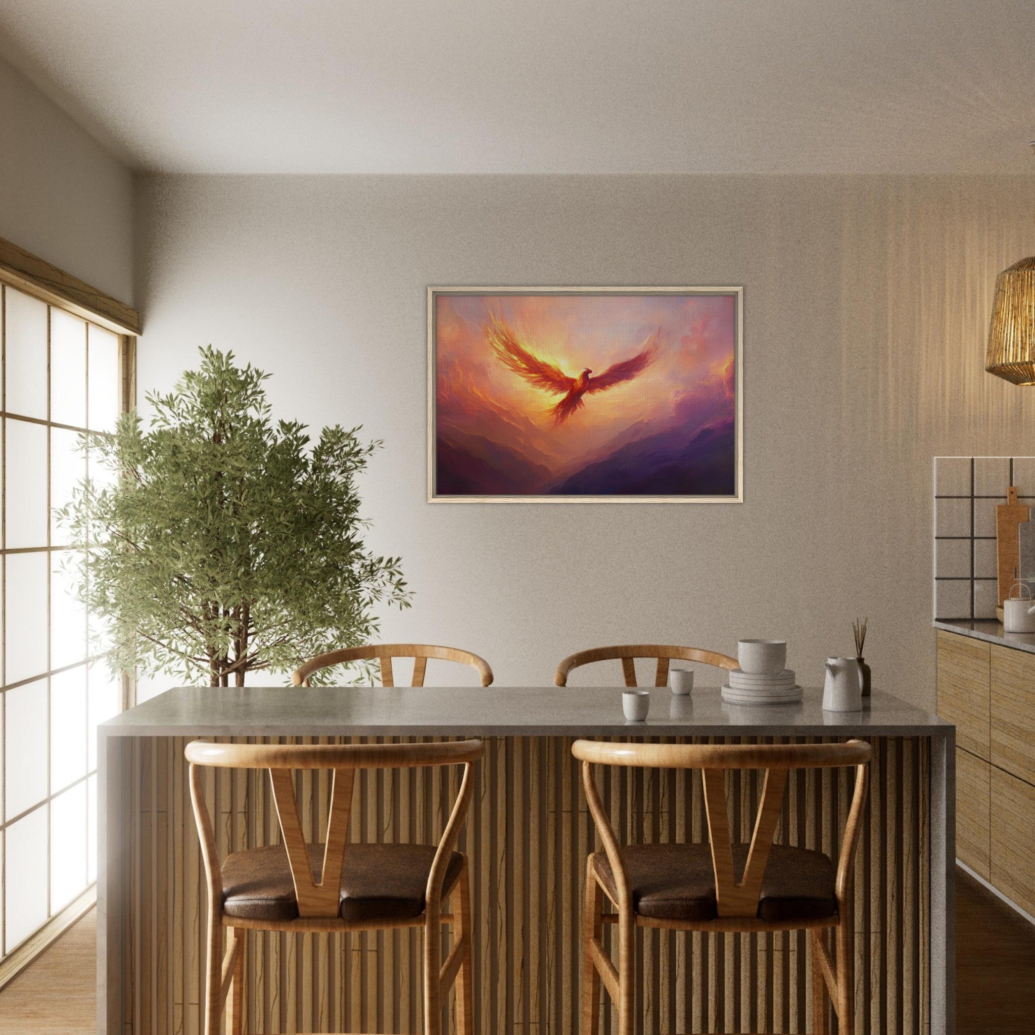 Framed Canvas Landscape - A celestial phoenix soars above a misty valley - Shop Ai Art WebShop - Digital Art online Store