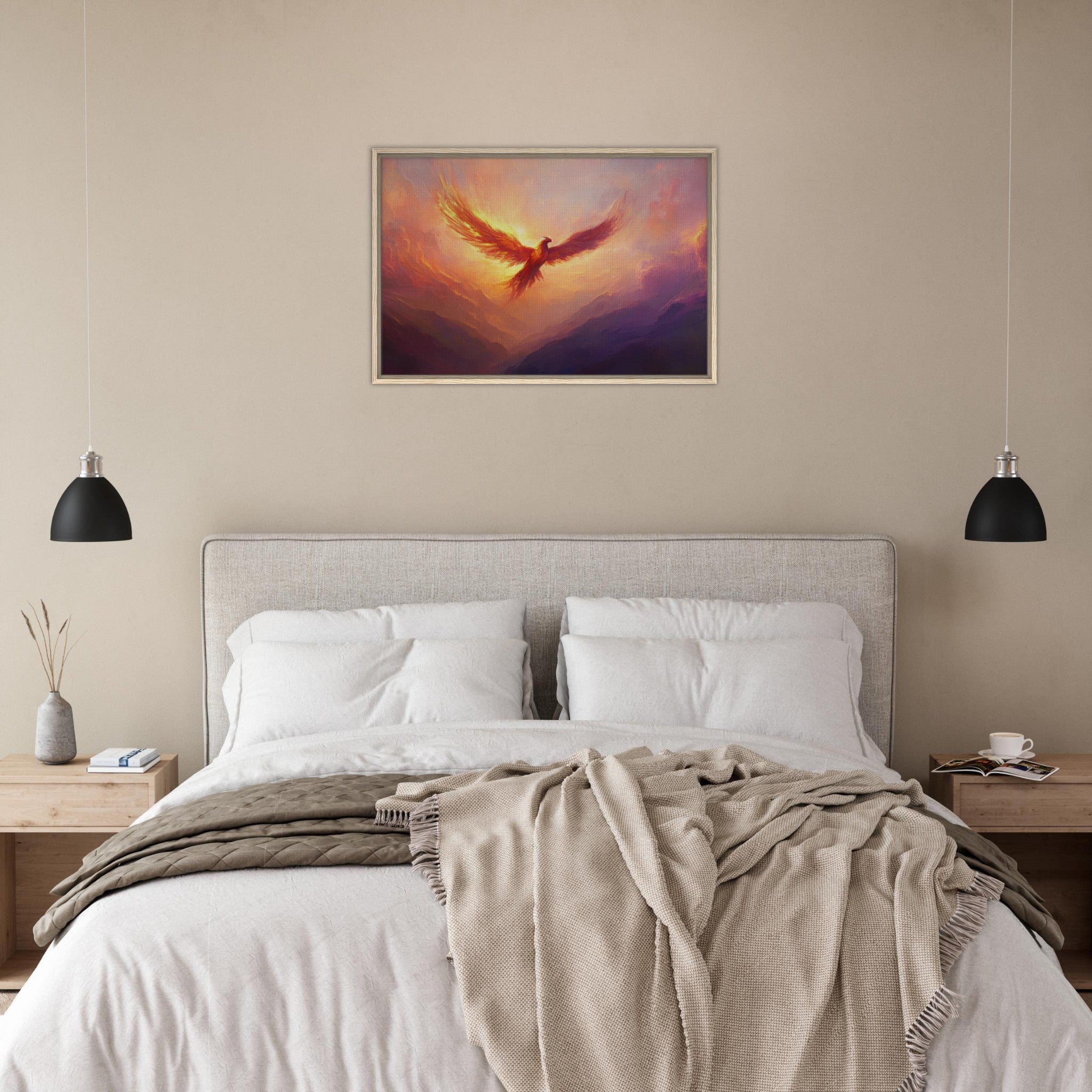 Framed Canvas Landscape - A celestial phoenix soars above a misty valley - Shop Ai Art WebShop - Digital Art online Store