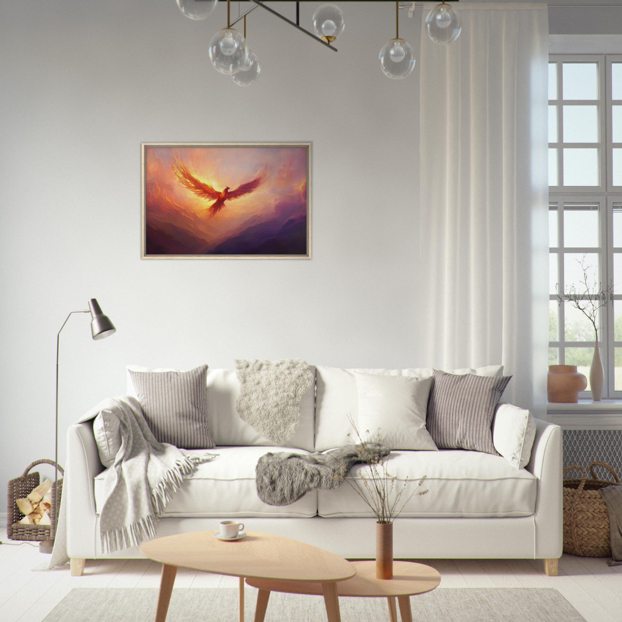 Framed Canvas Landscape - A celestial phoenix soars above a misty valley - Shop Ai Art WebShop - Digital Art online Store