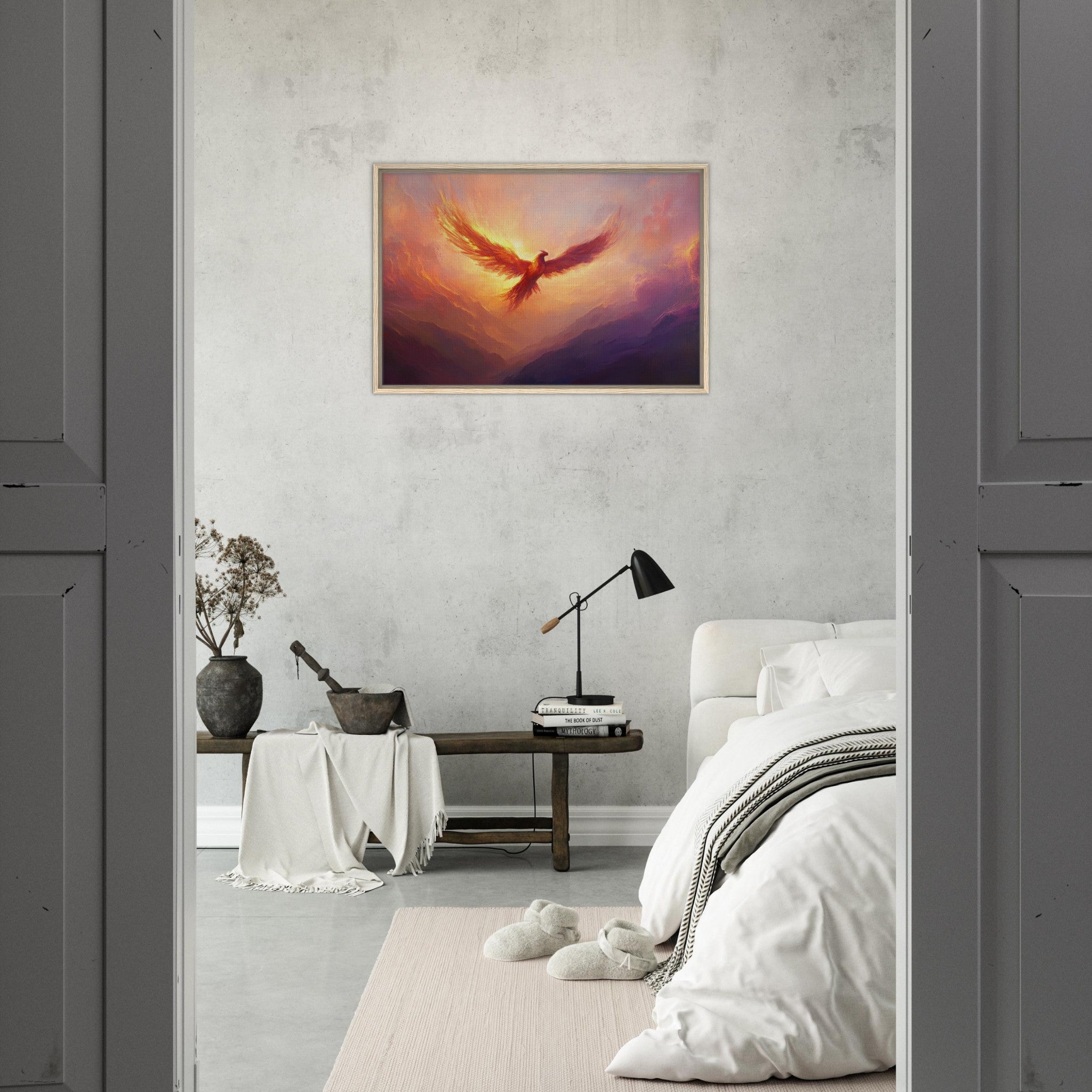 Framed Canvas Landscape - A celestial phoenix soars above a misty valley - Shop Ai Art WebShop - Digital Art online Store