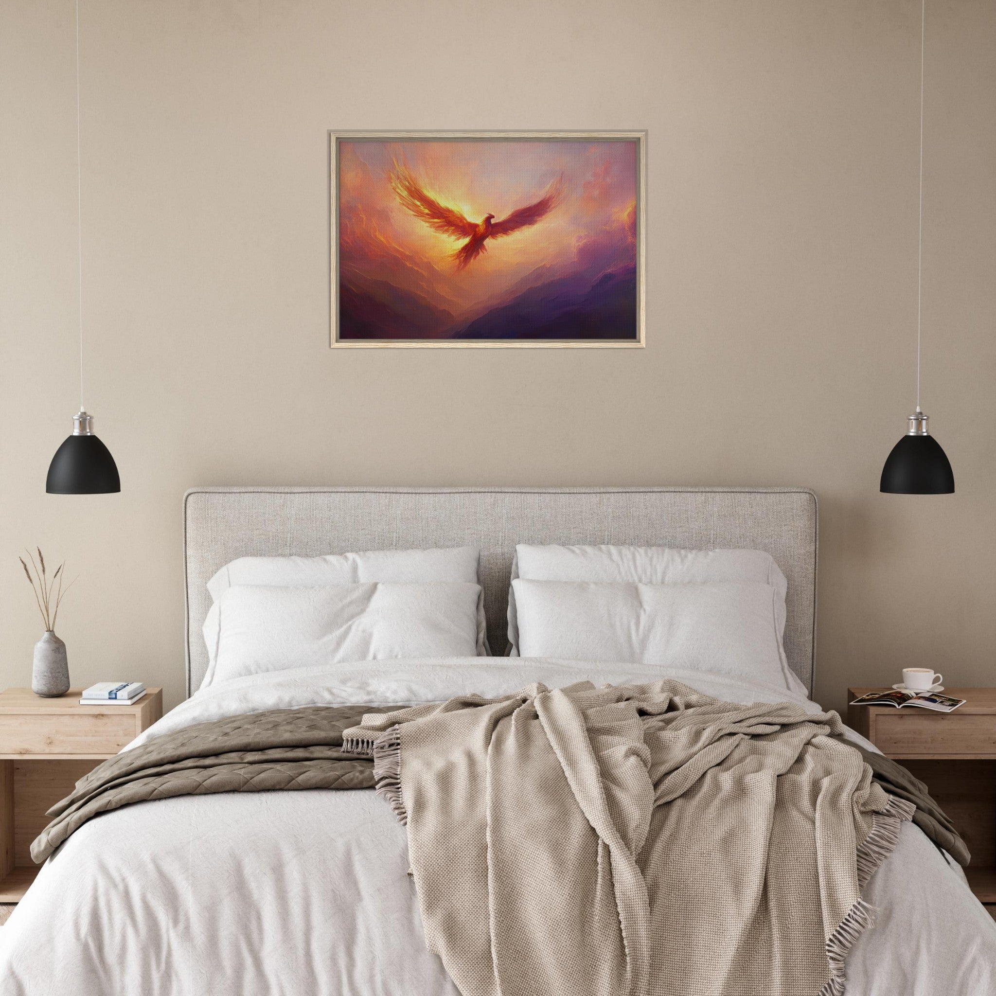 Framed Canvas Landscape - A celestial phoenix soars above a misty valley - Shop Ai Art WebShop - Digital Art online Store