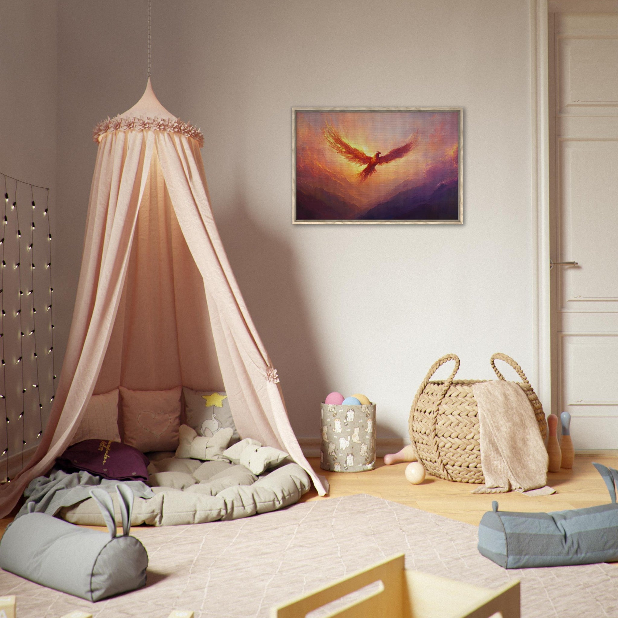 Framed Canvas Landscape - A celestial phoenix soars above a misty valley - Shop Ai Art WebShop - Digital Art online Store