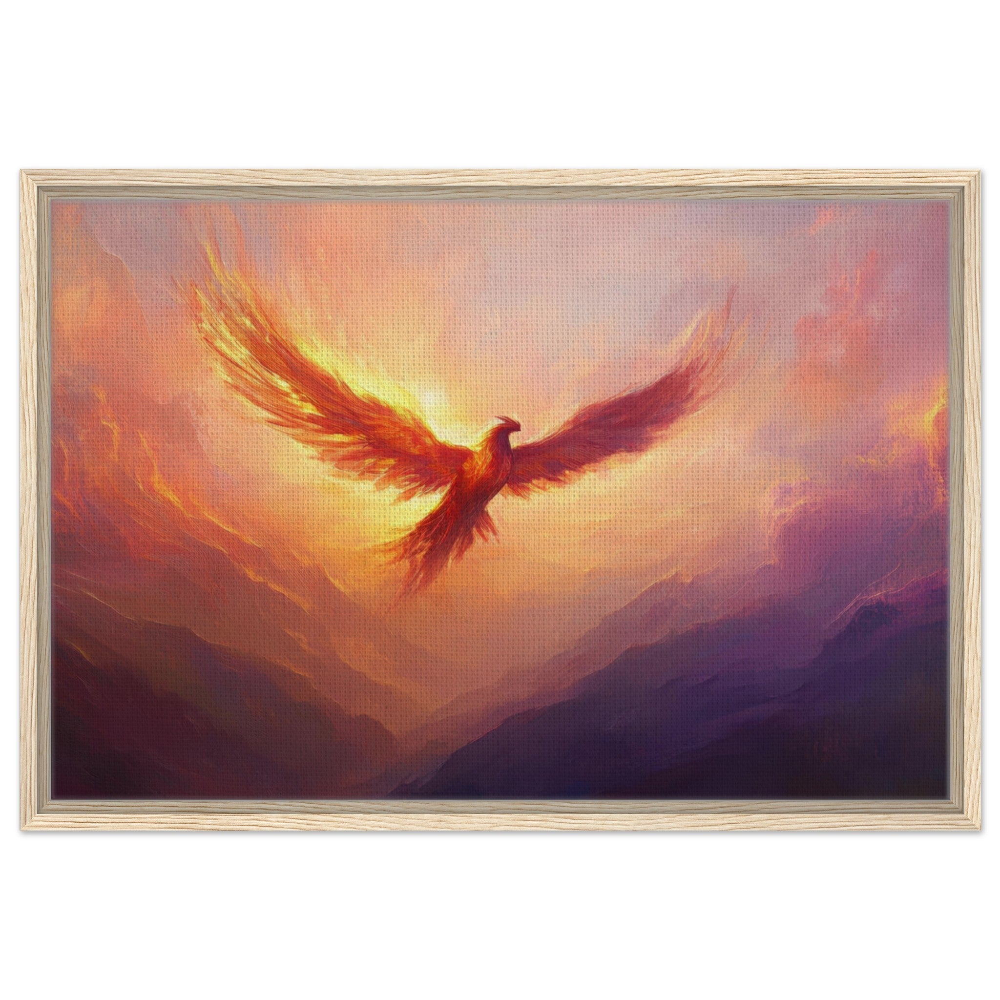 Framed Canvas Landscape - A celestial phoenix soars above a misty valley - Shop Ai Art WebShop - Digital Art online Store
