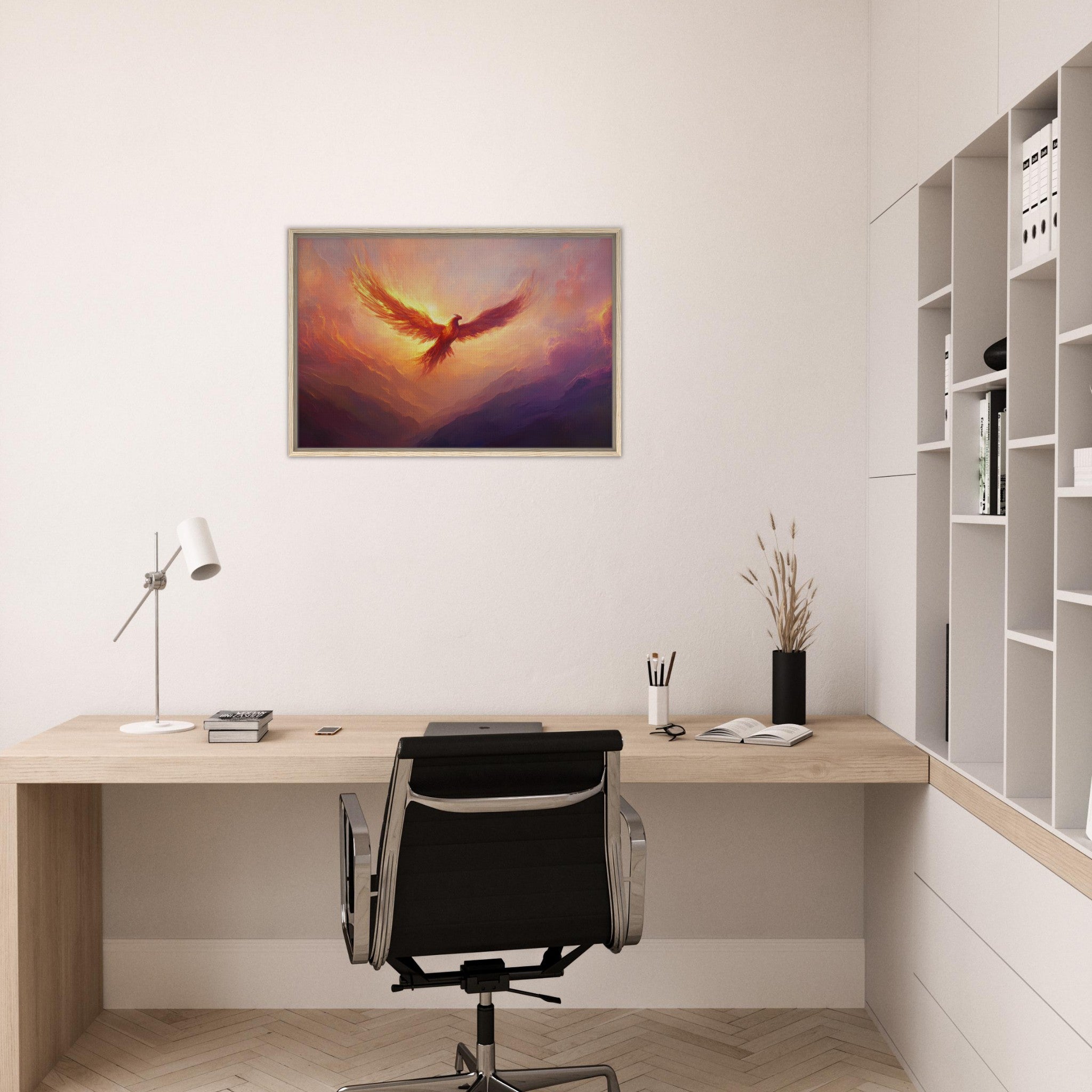 Framed Canvas Landscape - A celestial phoenix soars above a misty valley - Shop Ai Art WebShop - Digital Art online Store