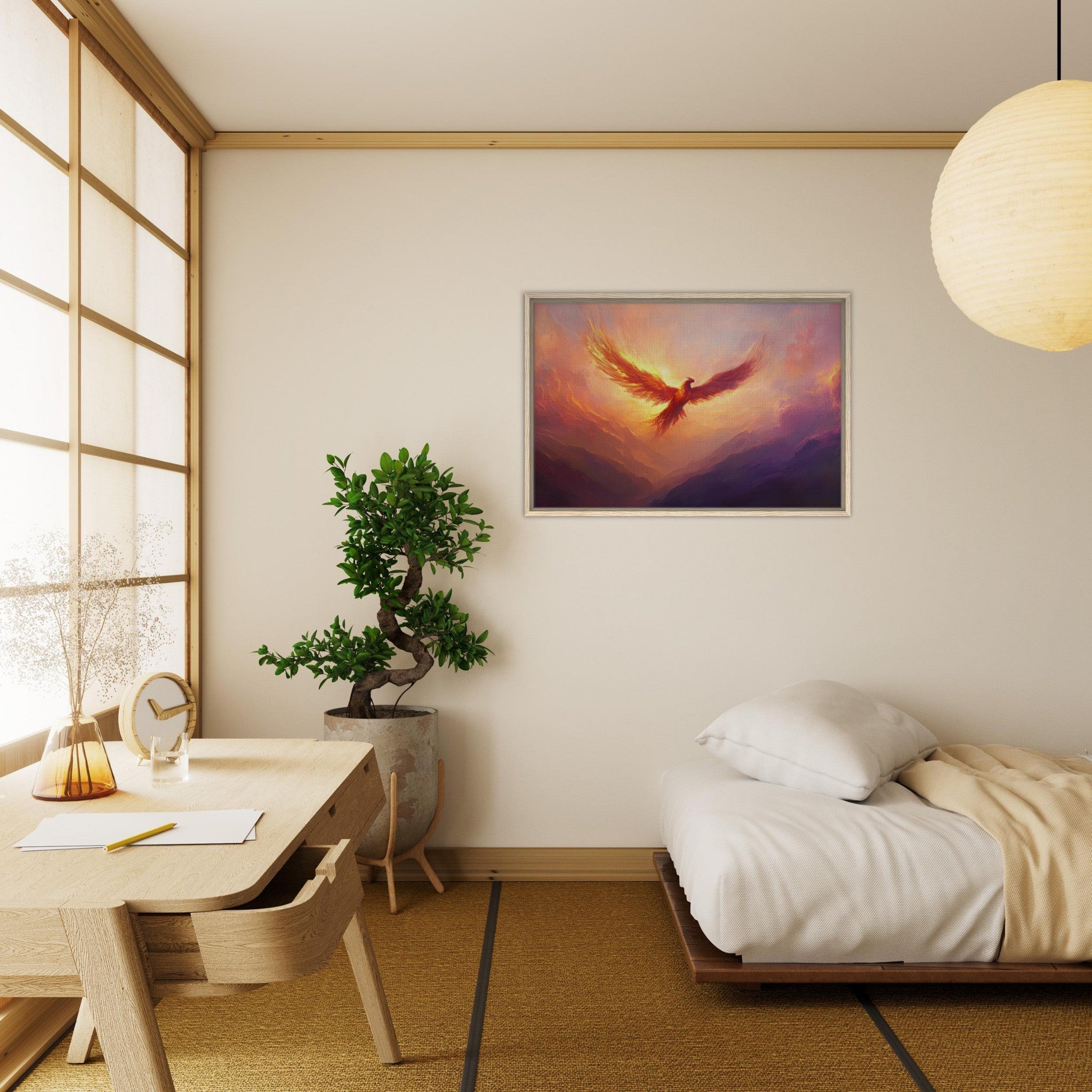Framed Canvas Landscape - A celestial phoenix soars above a misty valley - Shop Ai Art WebShop - Digital Art online Store