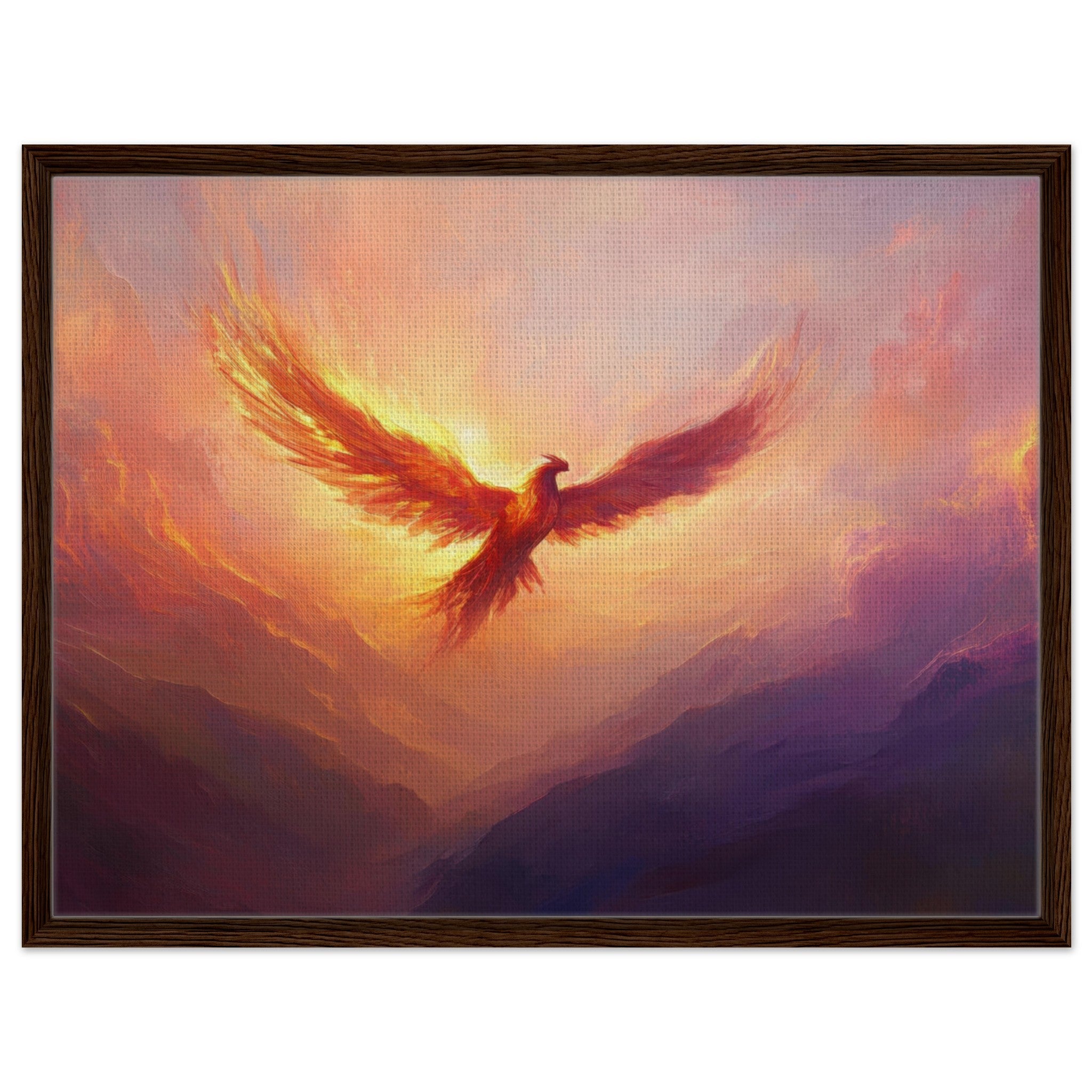 Framed Canvas Landscape - A celestial phoenix soars above a misty valley - Shop Ai Art WebShop - Digital Art online Store