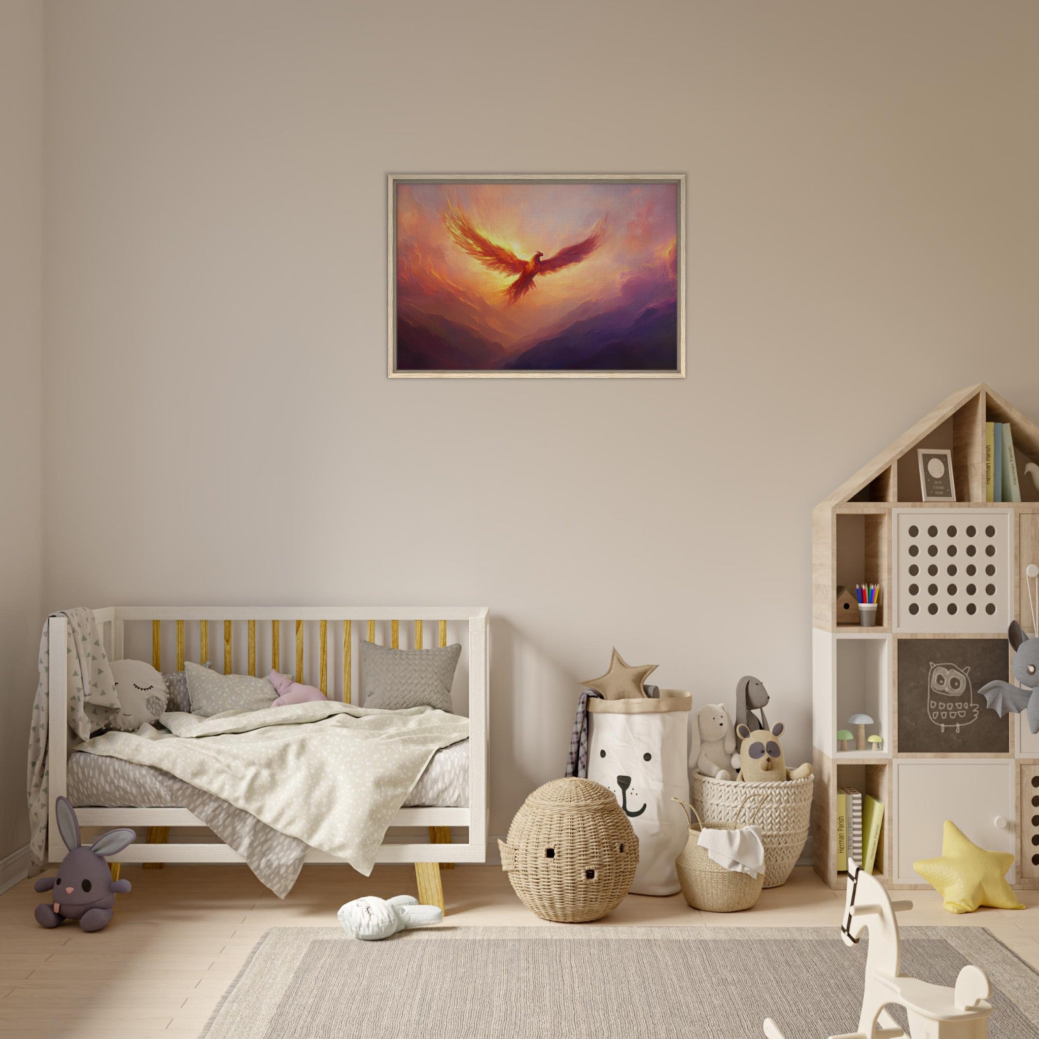 Framed Canvas Landscape - A celestial phoenix soars above a misty valley - Shop Ai Art WebShop - Digital Art online Store