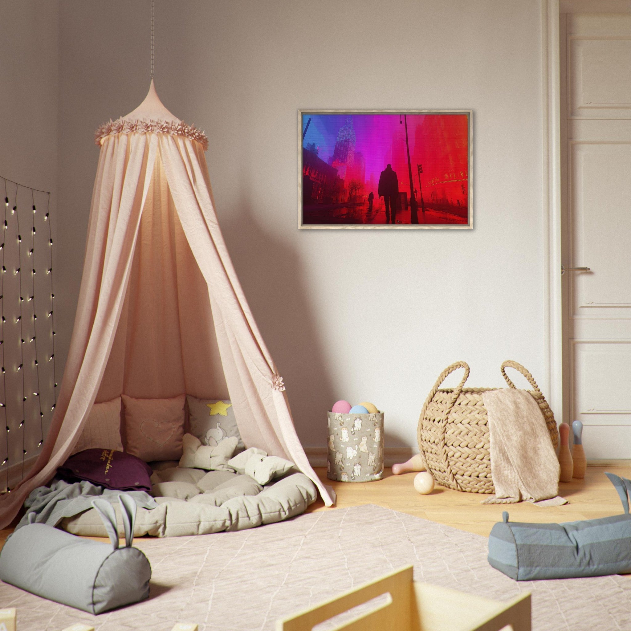Framed Canvas Landscape - A city where neon lights create impossible rifle - Shop Ai Art WebShop - Digital Art online Store