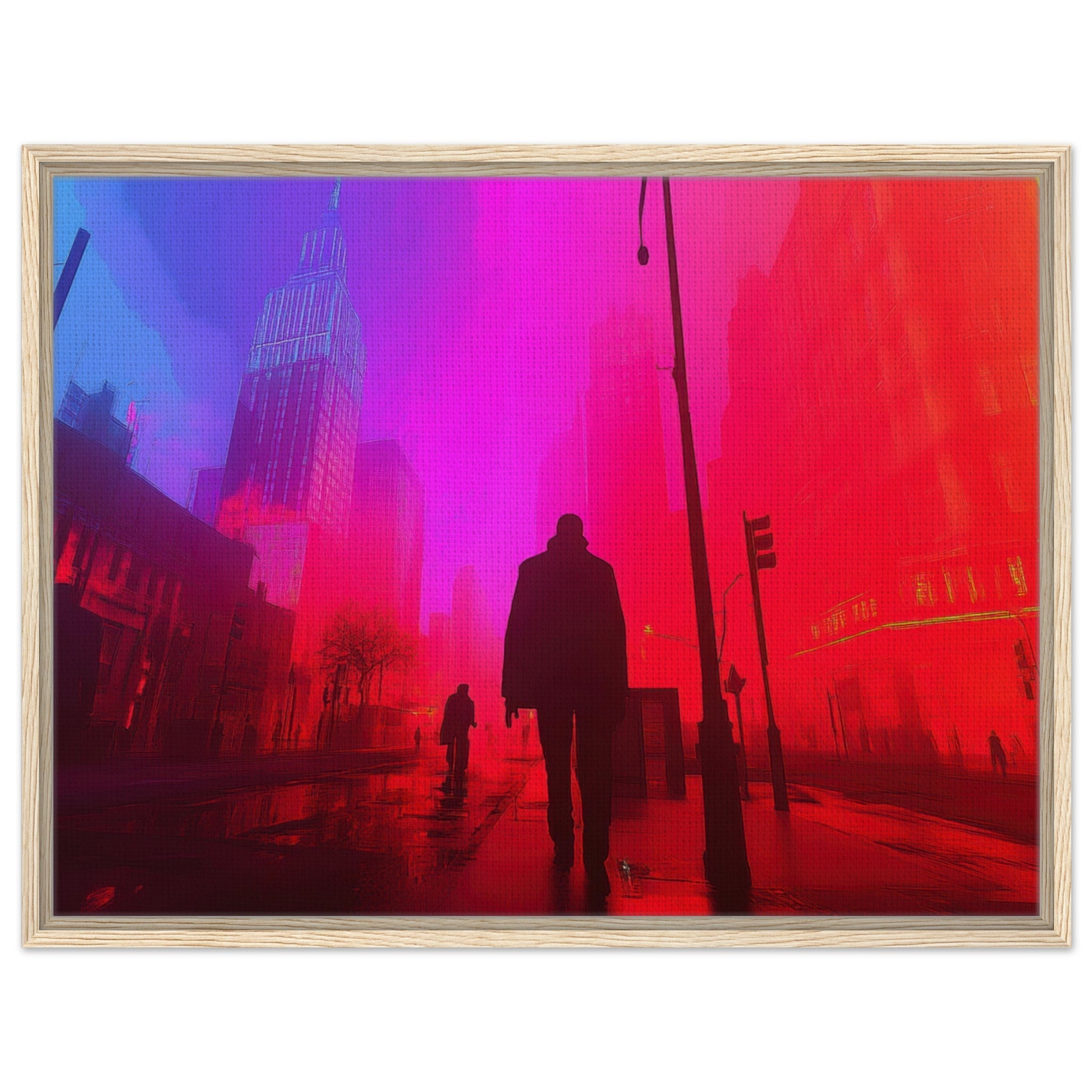 Framed Canvas Landscape - A city where neon lights create impossible rifle - Shop Ai Art WebShop - Digital Art online Store