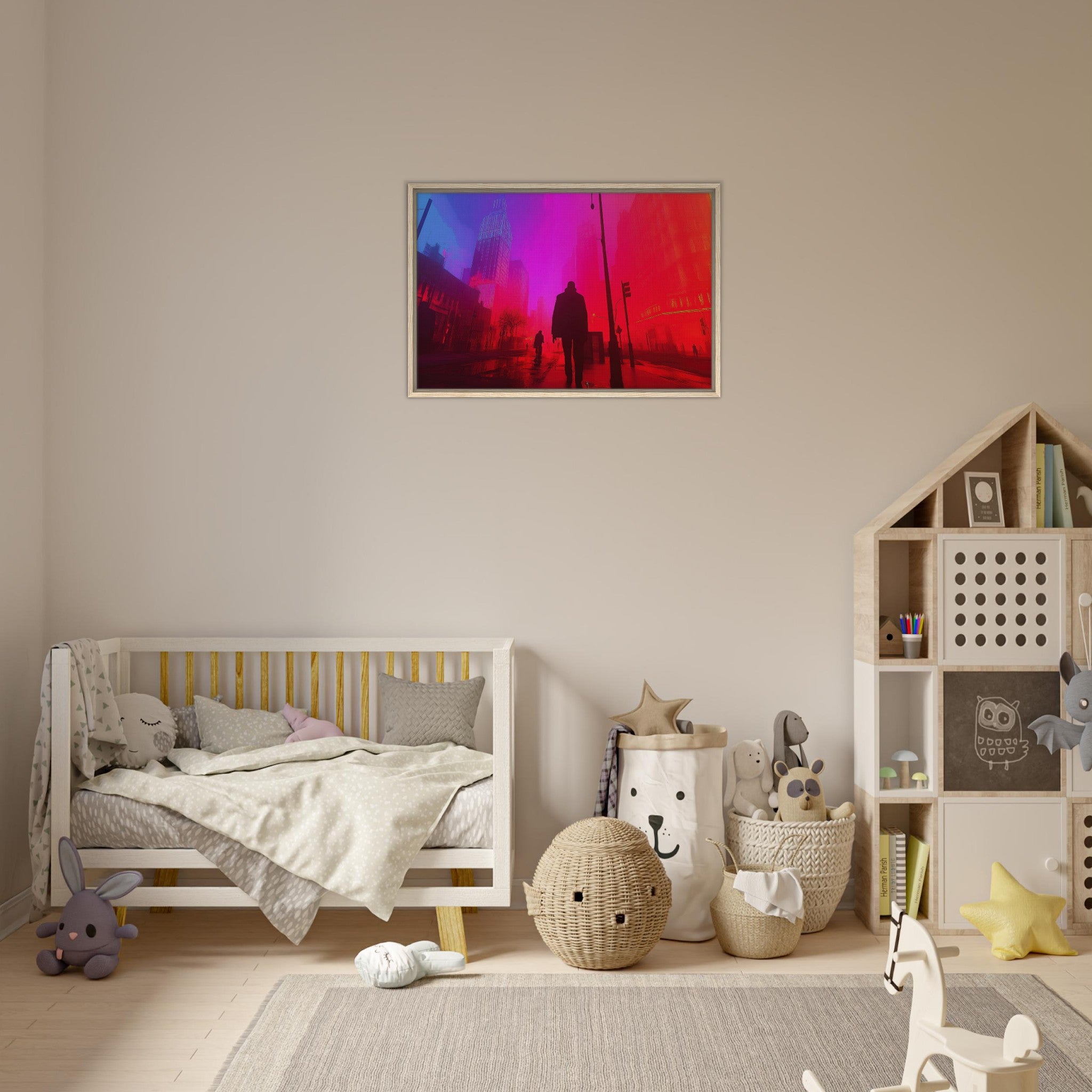 Framed Canvas Landscape - A city where neon lights create impossible rifle - Shop Ai Art WebShop - Digital Art online Store