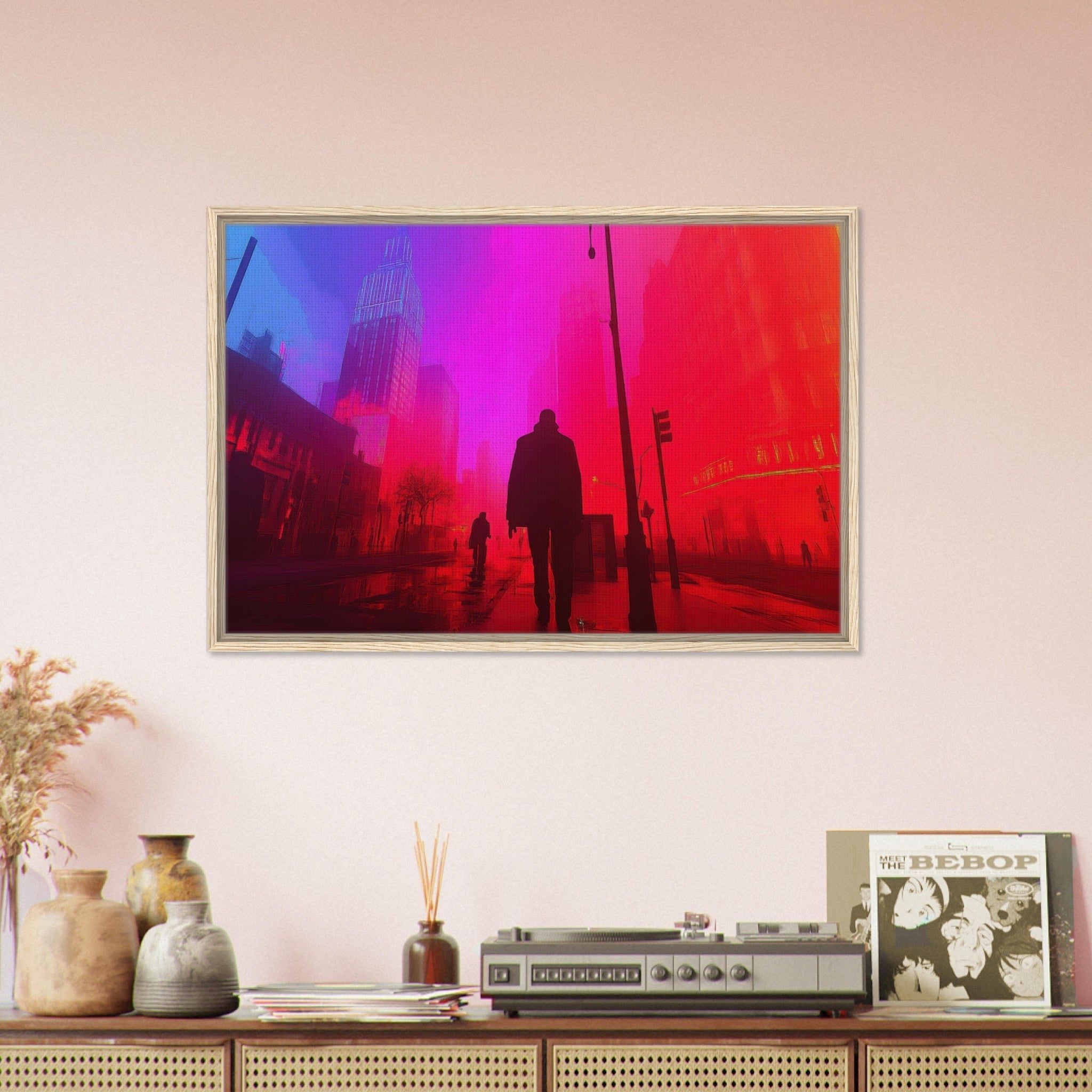 Framed Canvas Landscape - A city where neon lights create impossible rifle - Shop Ai Art WebShop - Digital Art online Store