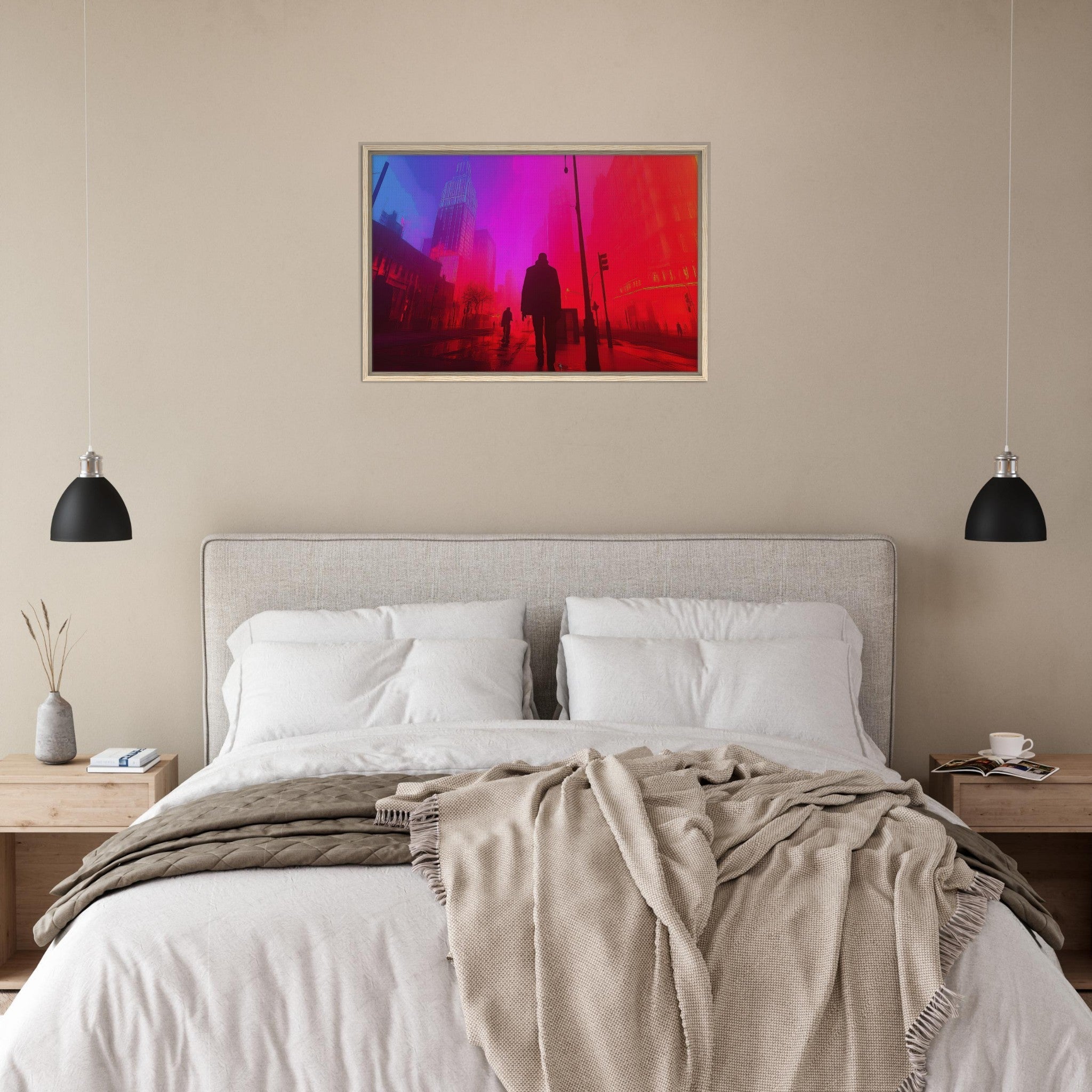 Framed Canvas Landscape - A city where neon lights create impossible rifle - Shop Ai Art WebShop - Digital Art online Store