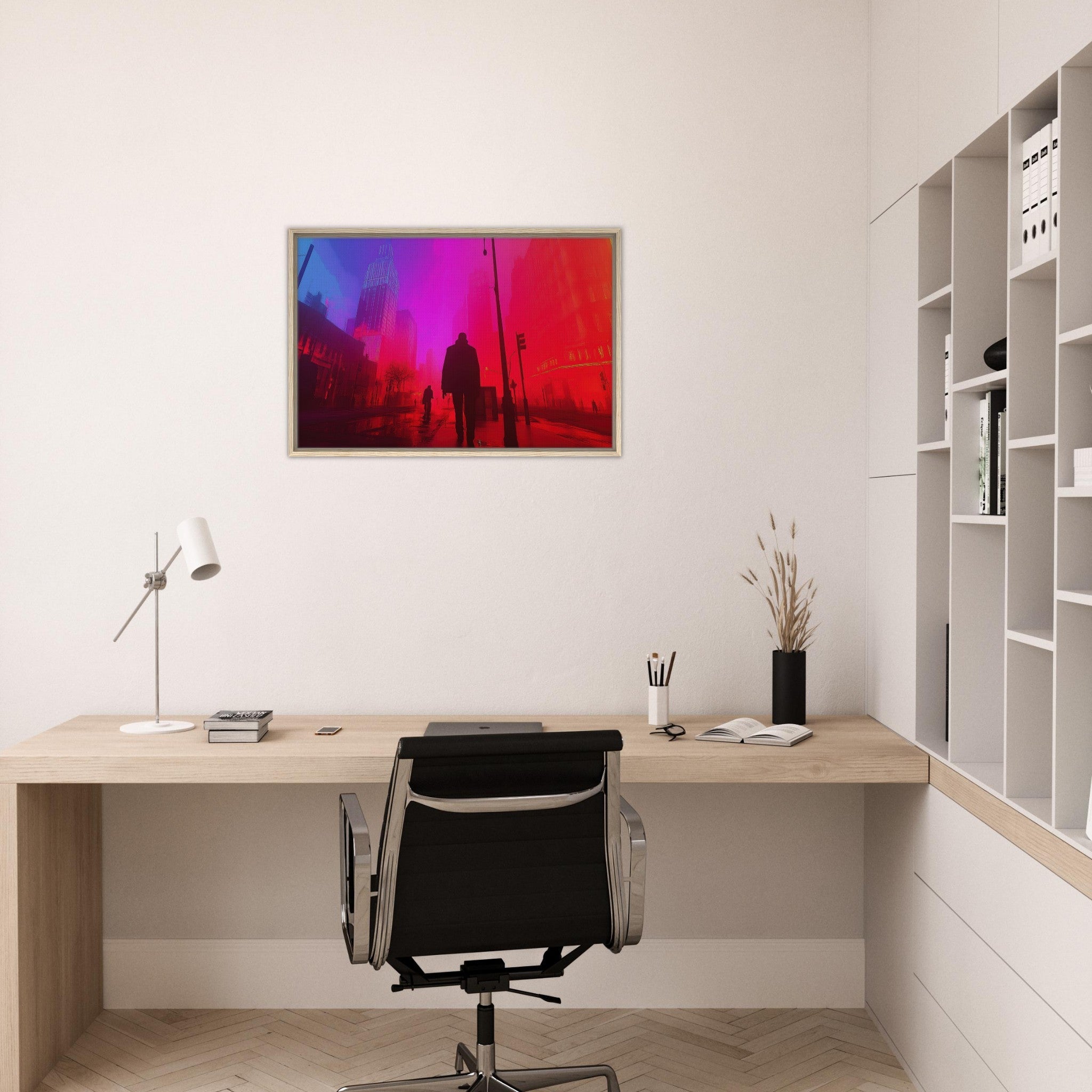 Framed Canvas Landscape - A city where neon lights create impossible rifle - Shop Ai Art WebShop - Digital Art online Store