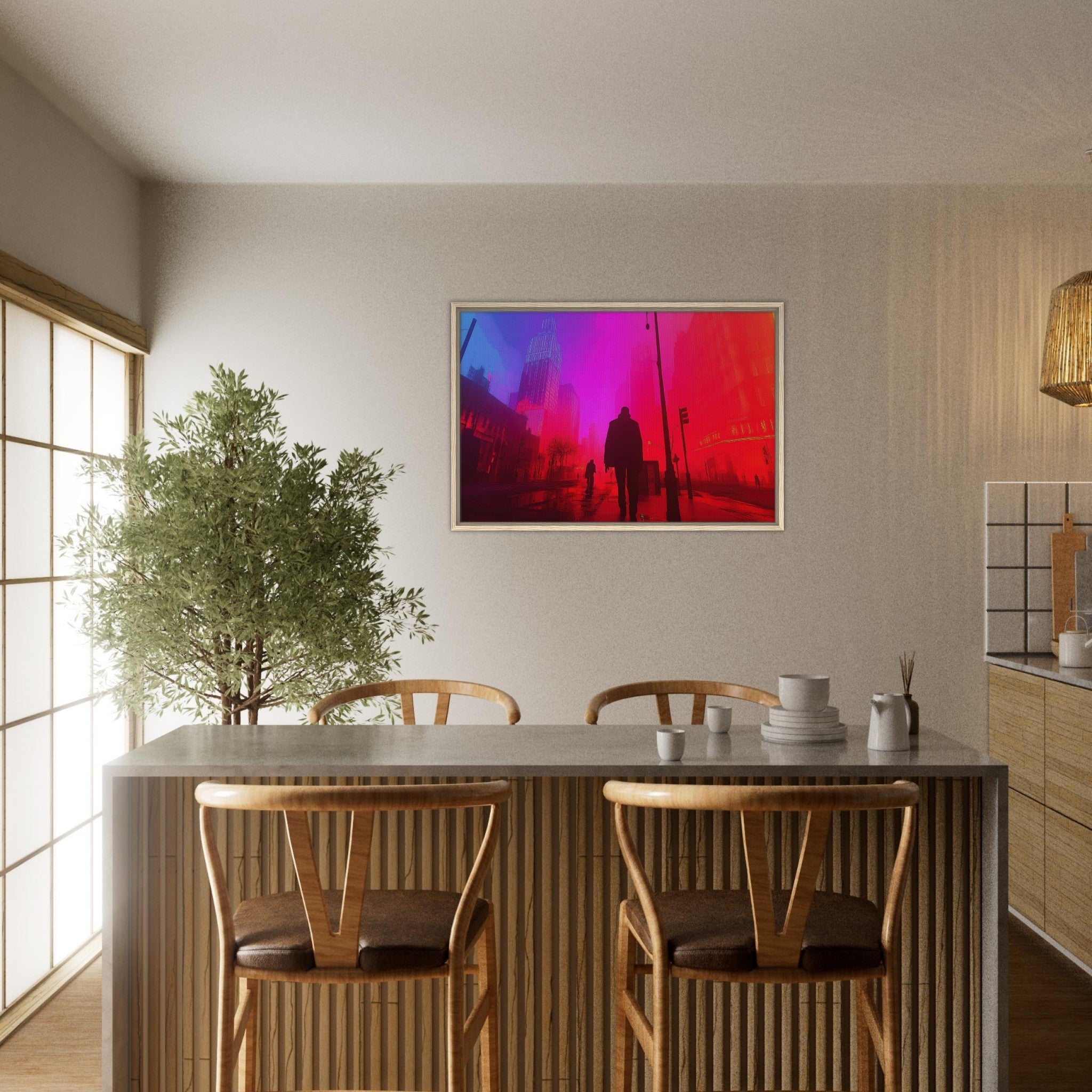 Framed Canvas Landscape - A city where neon lights create impossible rifle - Shop Ai Art WebShop - Digital Art online Store