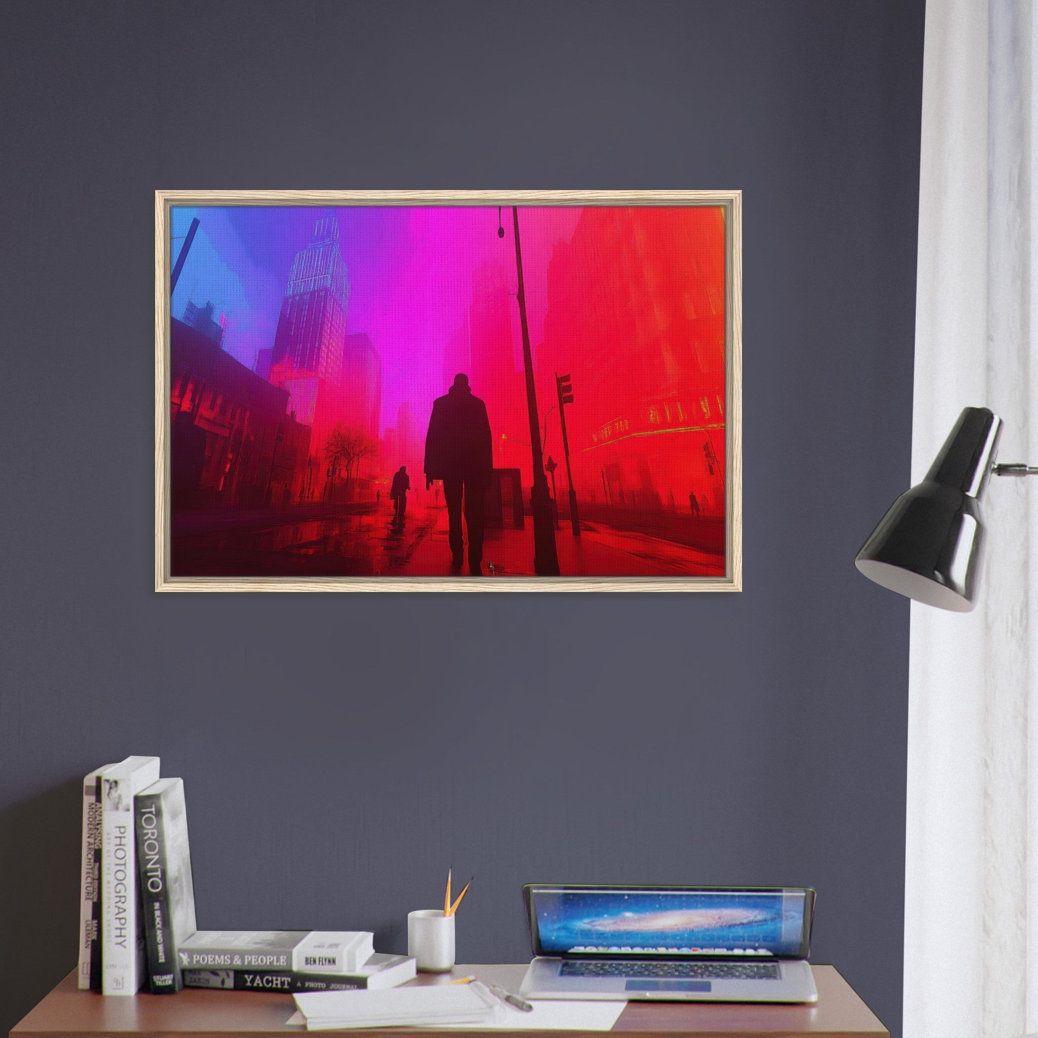 Framed Canvas Landscape - A city where neon lights create impossible rifle - Shop Ai Art WebShop - Digital Art online Store