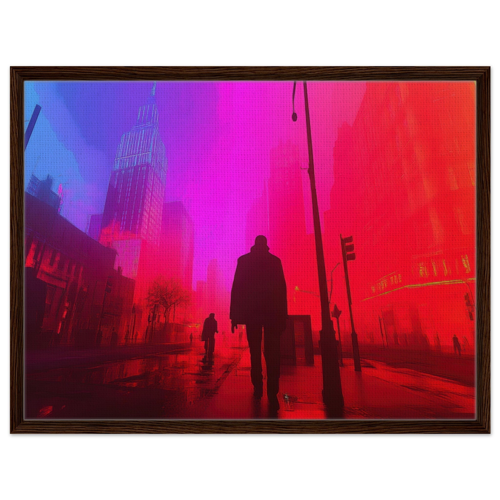 Framed Canvas Landscape - A city where neon lights create impossible rifle - Shop Ai Art WebShop - Digital Art online Store