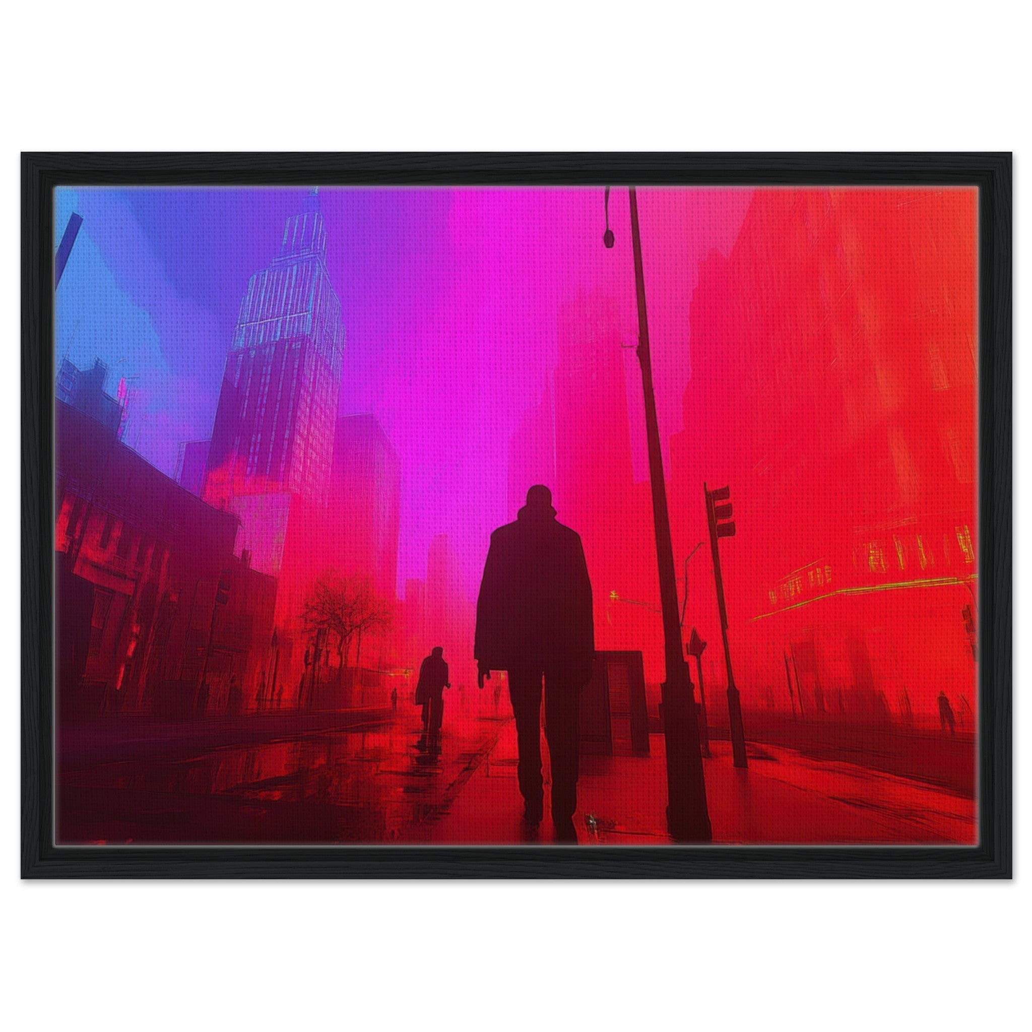 Framed Canvas Landscape - A city where neon lights create impossible rifle - Shop Ai Art WebShop - Digital Art online Store