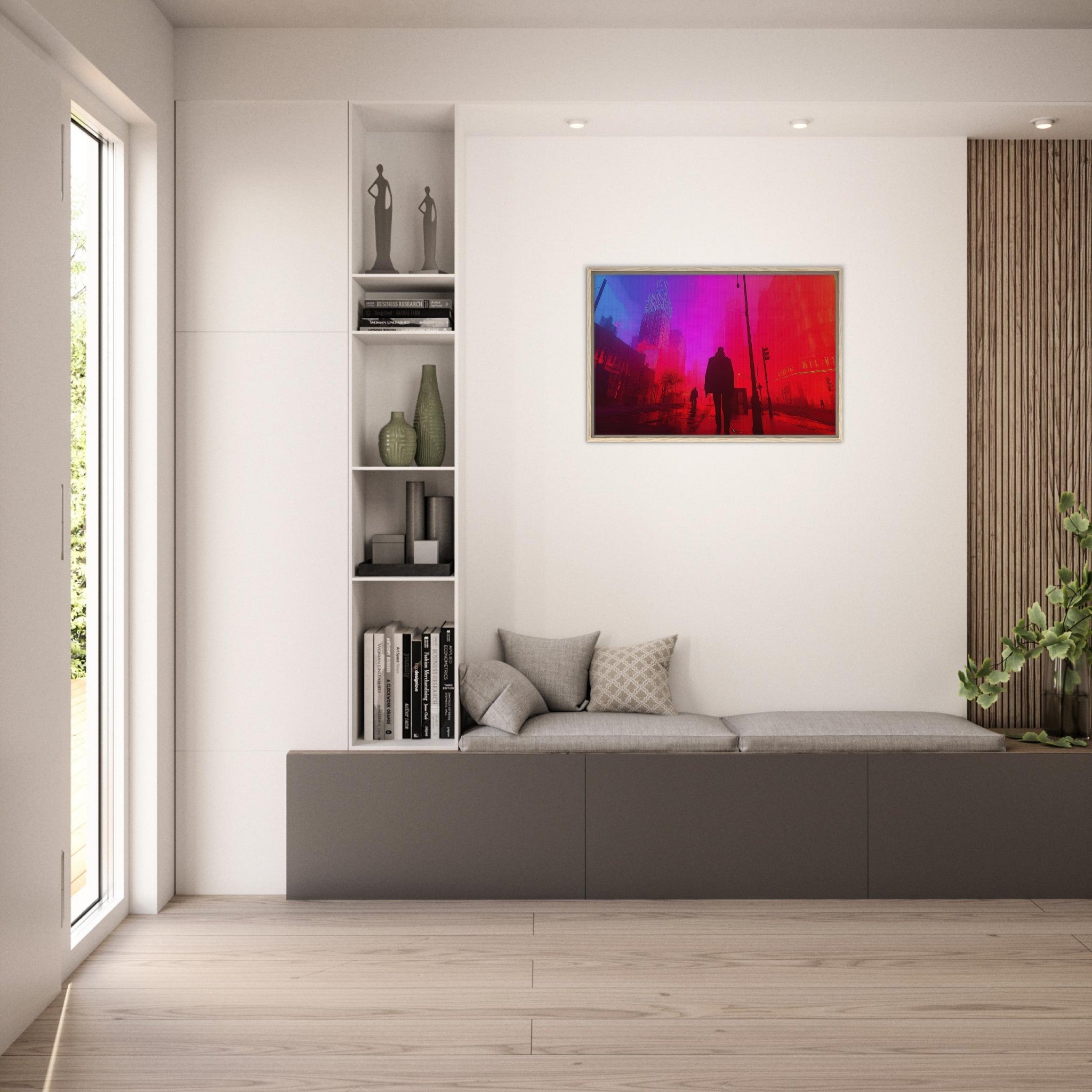Framed Canvas Landscape - A city where neon lights create impossible rifle - Shop Ai Art WebShop - Digital Art online Store