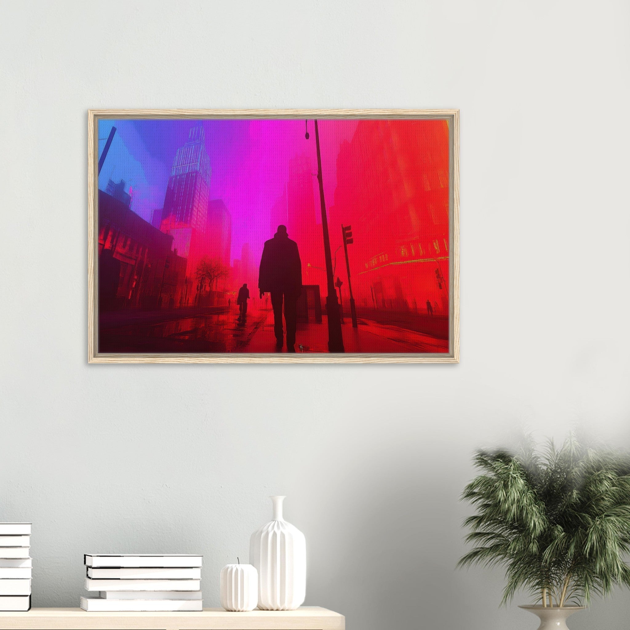 Framed Canvas Landscape - A city where neon lights create impossible rifle - Shop Ai Art WebShop - Digital Art online Store