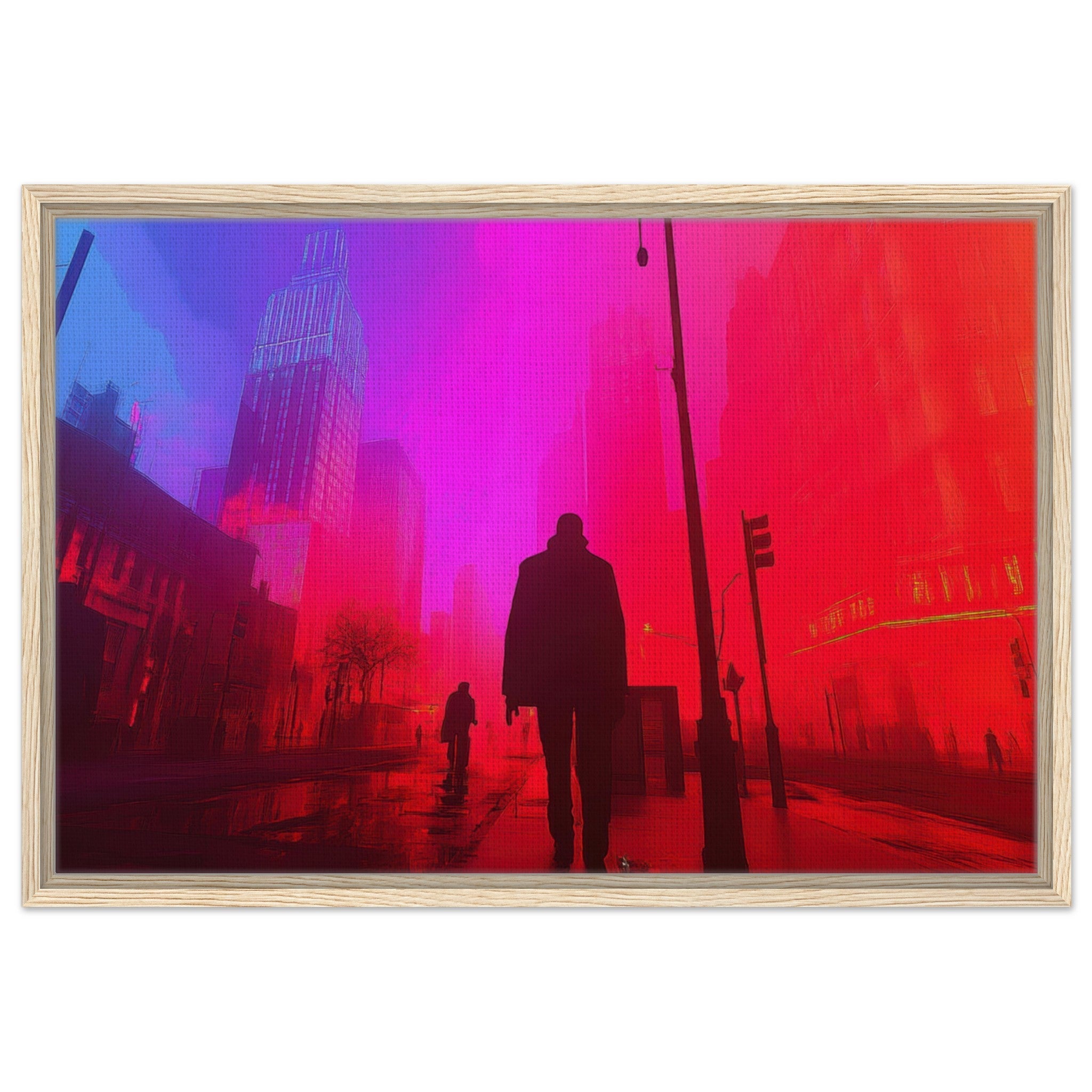 Framed Canvas Landscape - A city where neon lights create impossible rifle - Shop Ai Art WebShop - Digital Art online Store