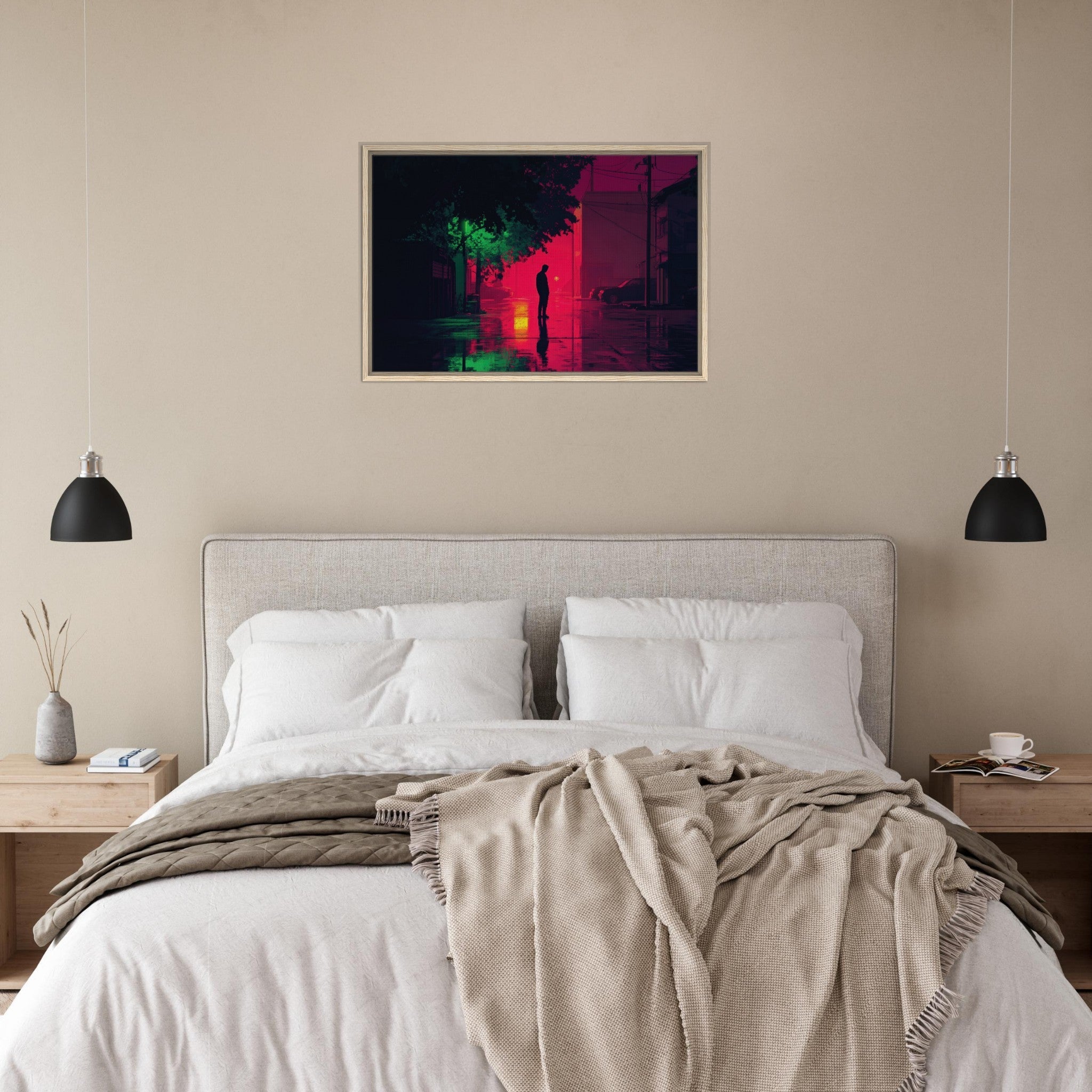 Framed Canvas Landscape - A city where neon lights create impossible rifle 4 - Shop Ai Art WebShop - Digital Art online Store