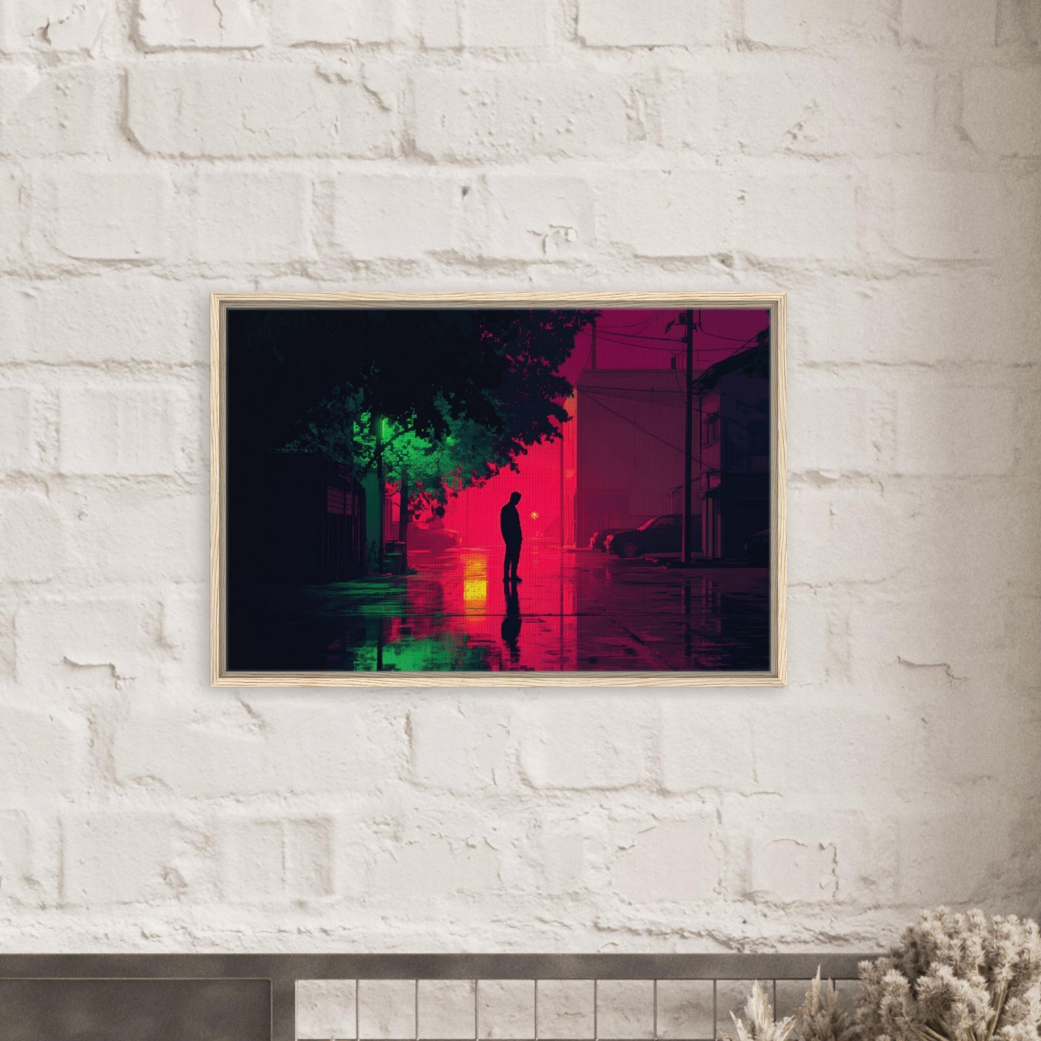 Framed Canvas Landscape - A city where neon lights create impossible rifle 4 - Shop Ai Art WebShop - Digital Art online Store