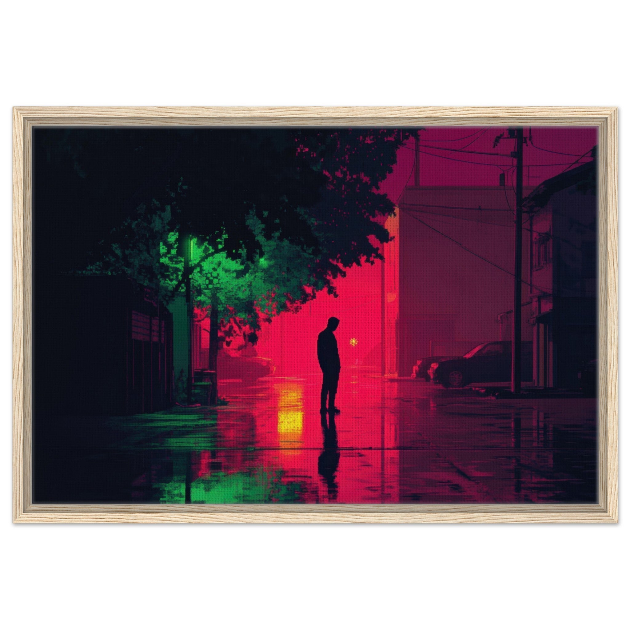 Framed Canvas Landscape - A city where neon lights create impossible rifle 4 - Shop Ai Art WebShop - Digital Art online Store