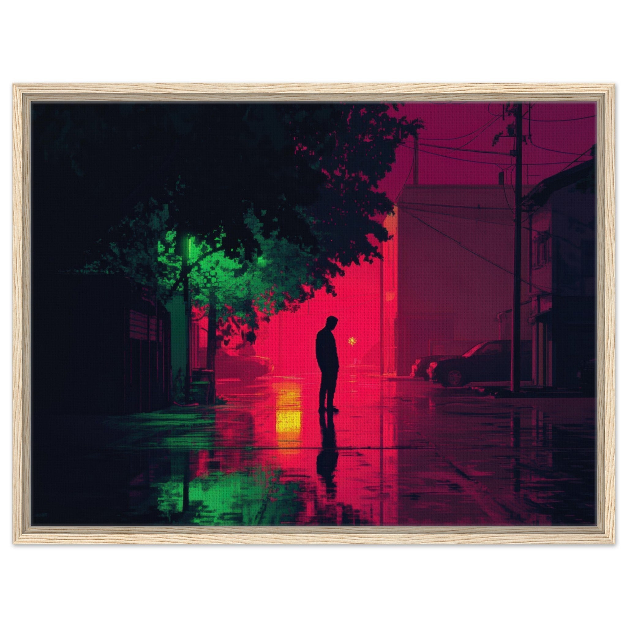 Framed Canvas Landscape - A city where neon lights create impossible rifle 4 - Shop Ai Art WebShop - Digital Art online Store
