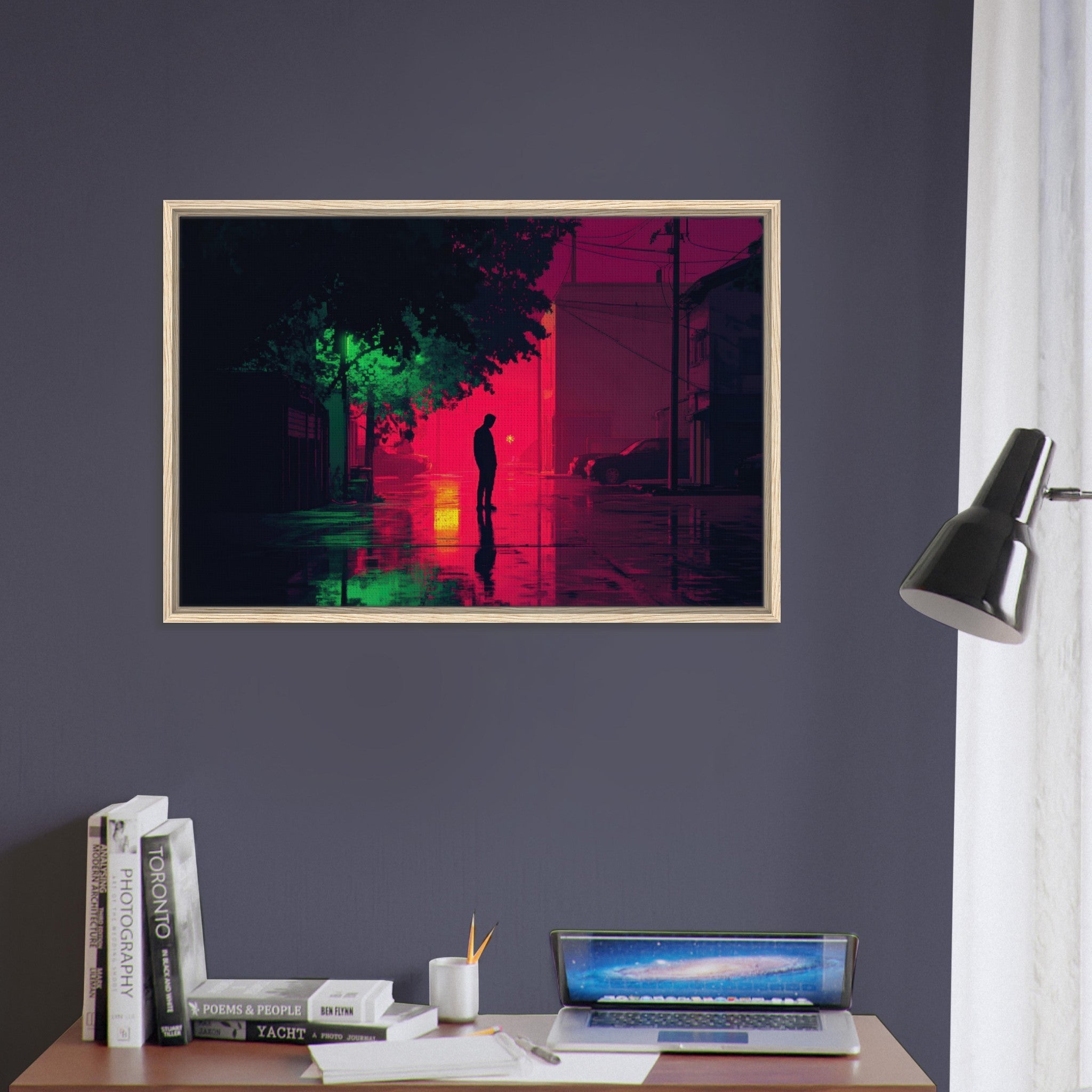 Framed Canvas Landscape - A city where neon lights create impossible rifle 4 - Shop Ai Art WebShop - Digital Art online Store