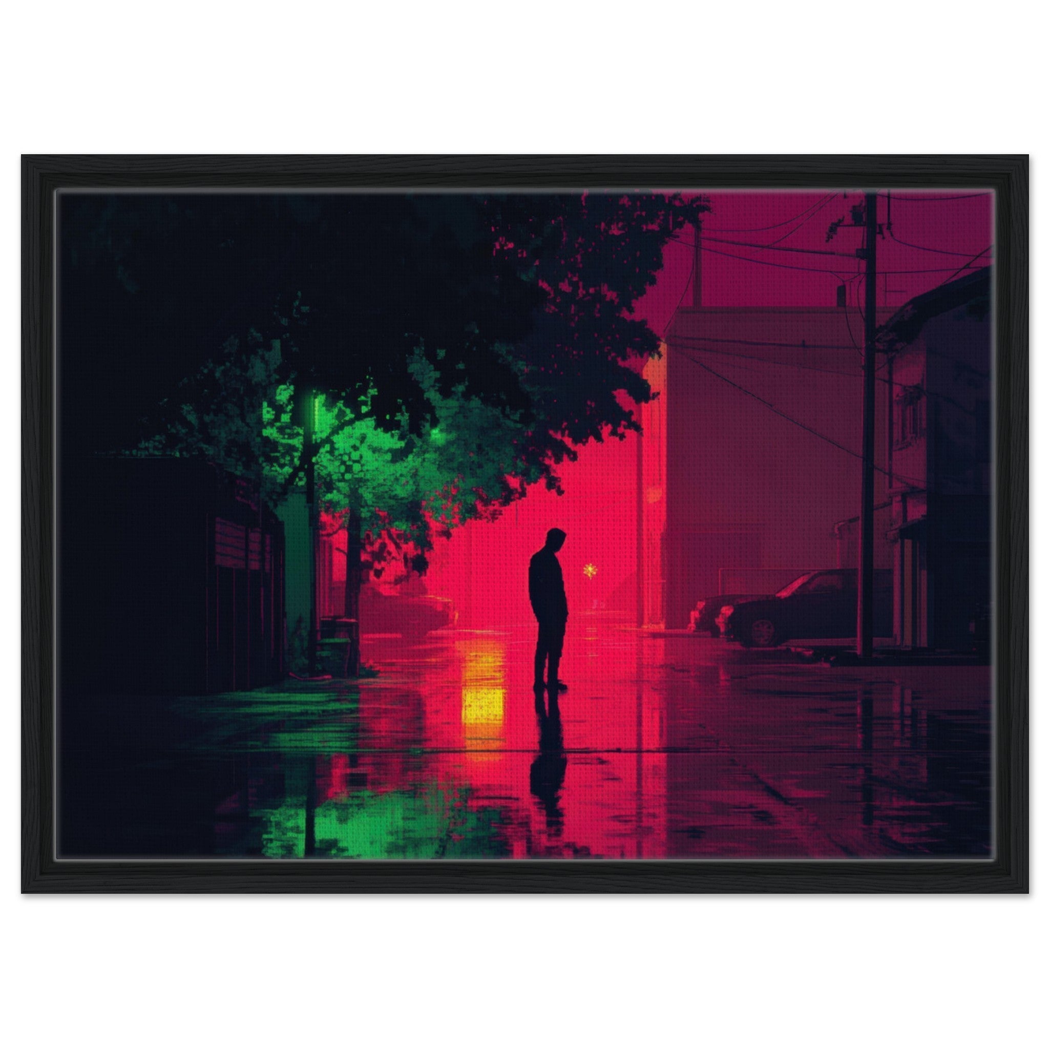Framed Canvas Landscape - A city where neon lights create impossible rifle 4 - Shop Ai Art WebShop - Digital Art online Store