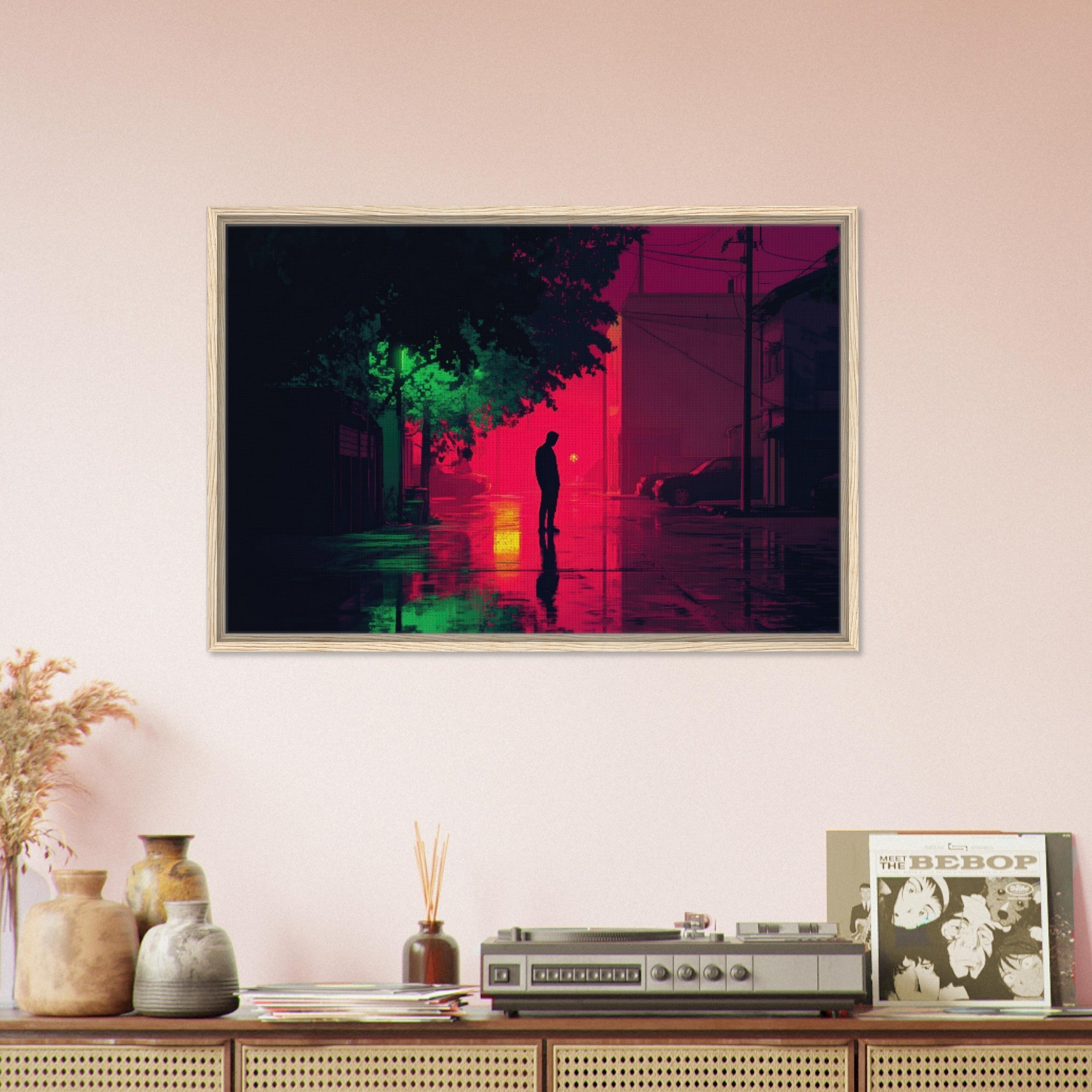 Framed Canvas Landscape - A city where neon lights create impossible rifle 4 - Shop Ai Art WebShop - Digital Art online Store