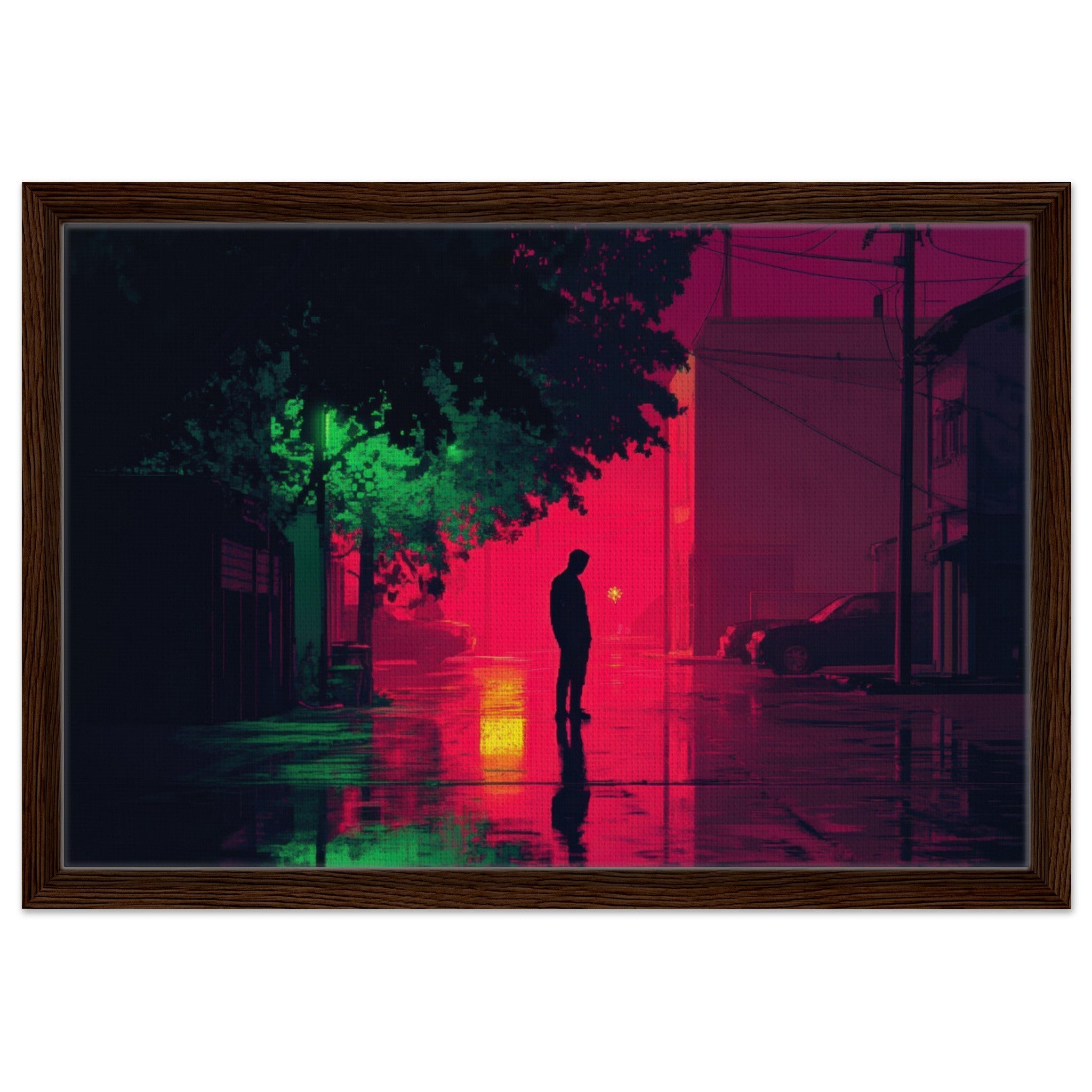 Framed Canvas Landscape - A city where neon lights create impossible rifle 4 - Shop Ai Art WebShop - Digital Art online Store