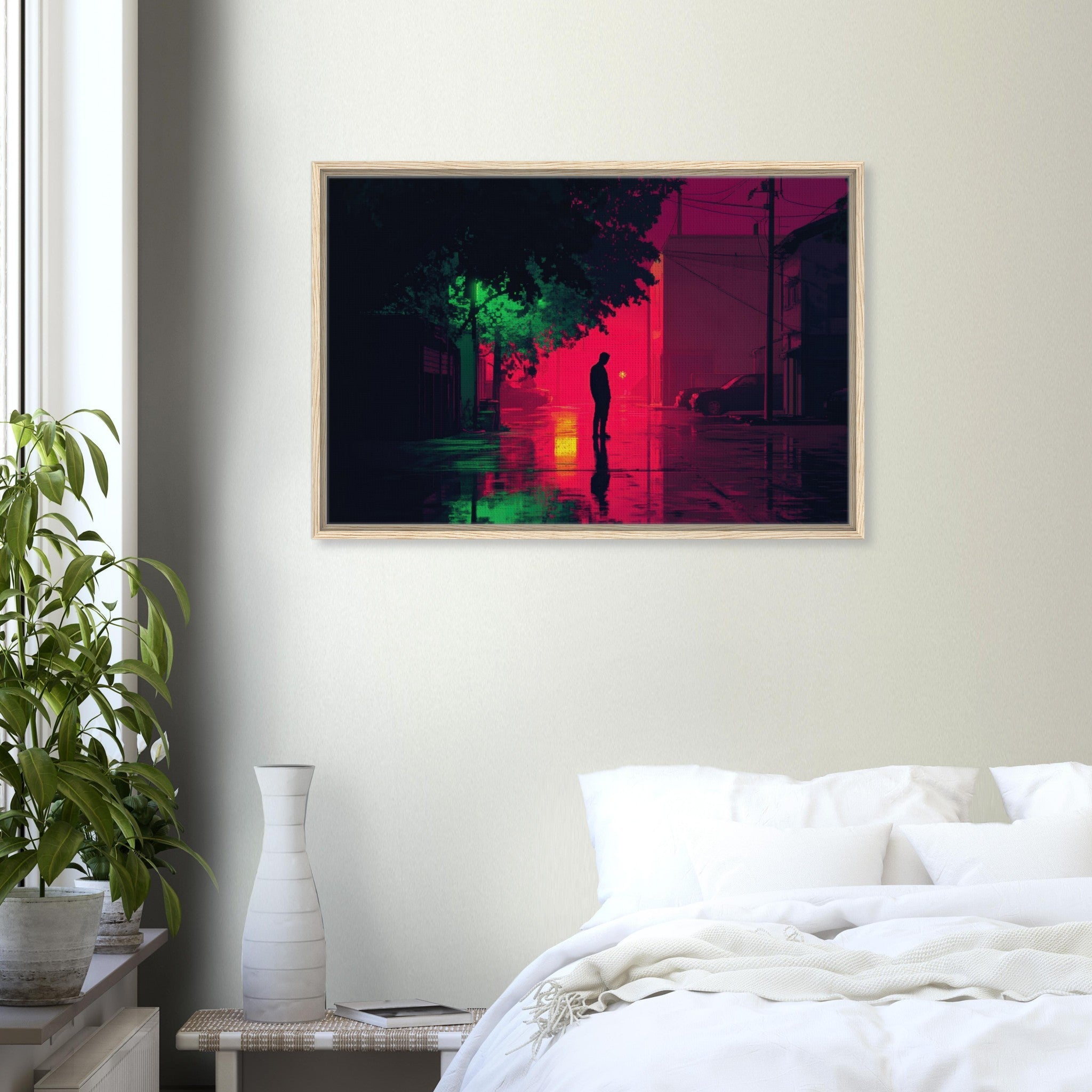 Framed Canvas Landscape - A city where neon lights create impossible rifle 4 - Shop Ai Art WebShop - Digital Art online Store