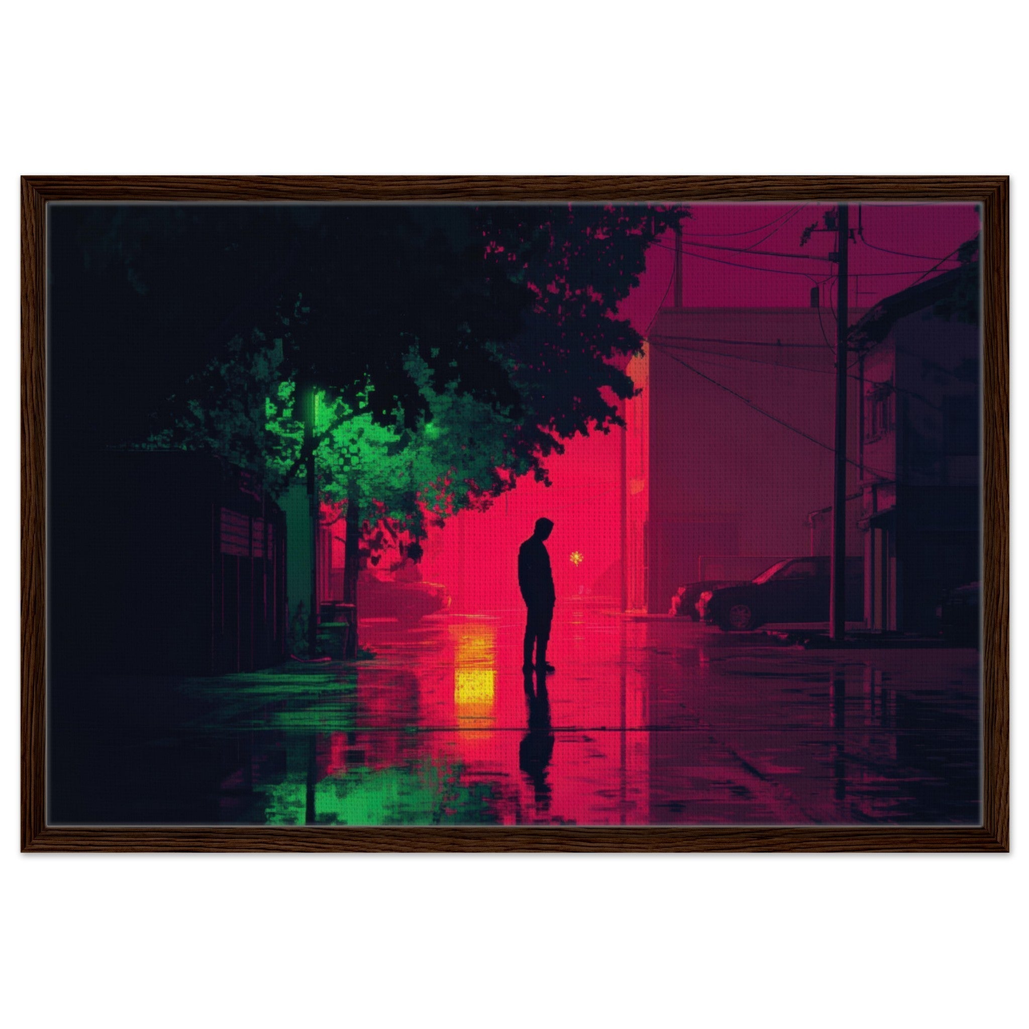 Framed Canvas Landscape - A city where neon lights create impossible rifle 4 - Shop Ai Art WebShop - Digital Art online Store