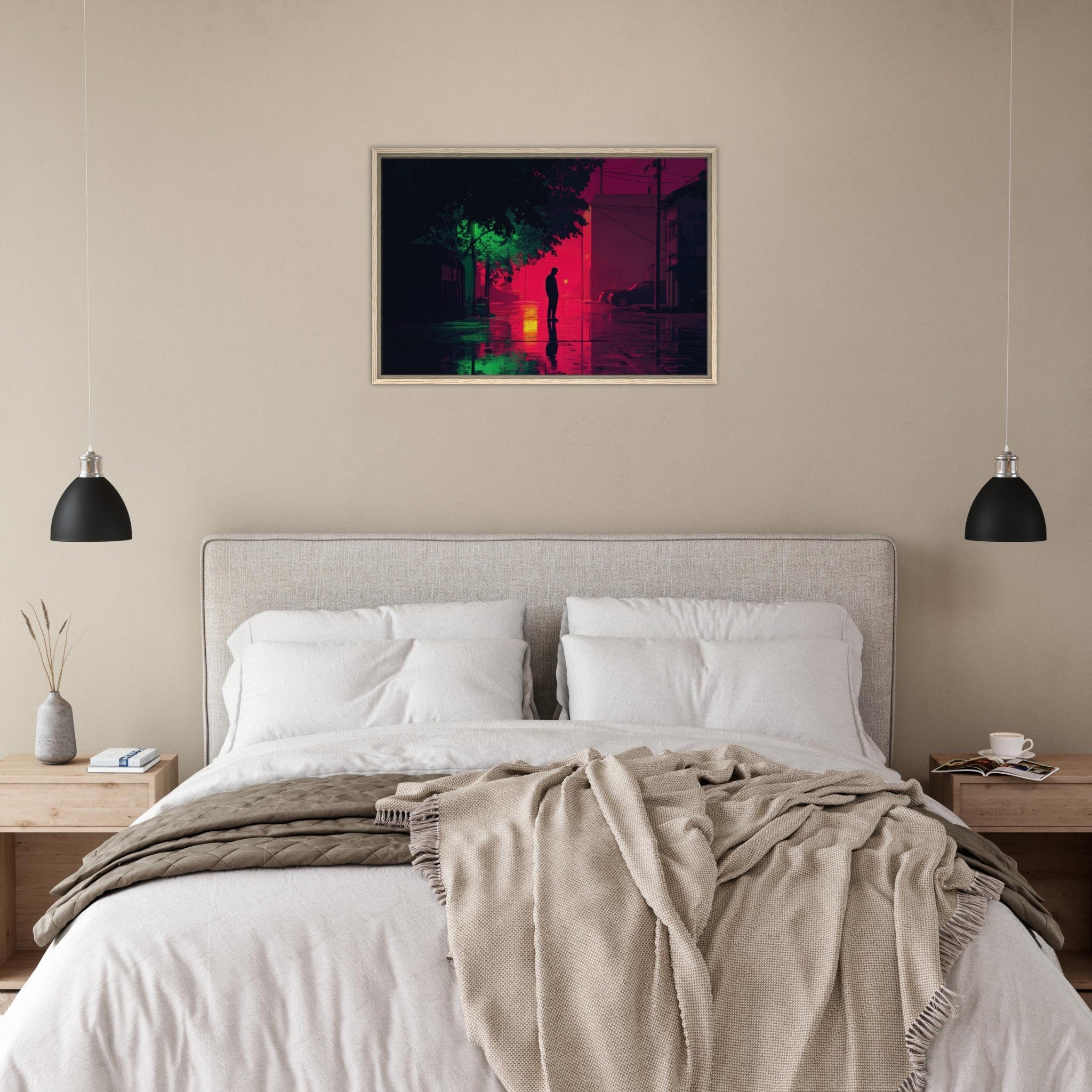 Framed Canvas Landscape - A city where neon lights create impossible rifle 4 - Shop Ai Art WebShop - Digital Art online Store