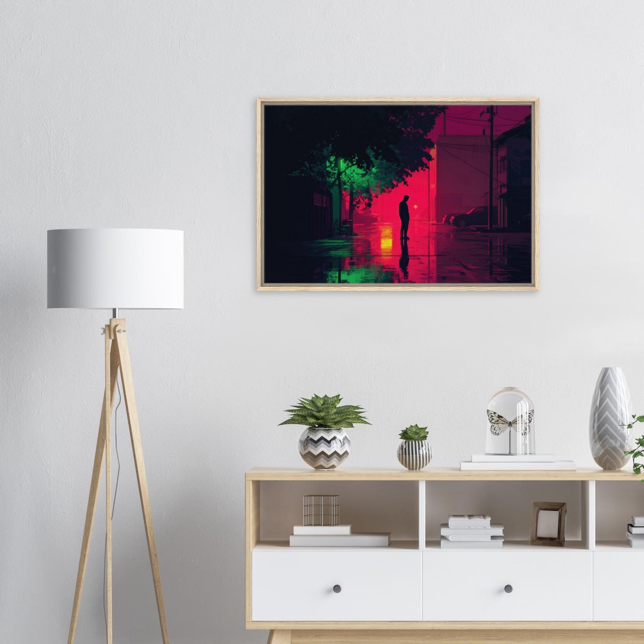 Framed Canvas Landscape - A city where neon lights create impossible rifle 4 - Shop Ai Art WebShop - Digital Art online Store