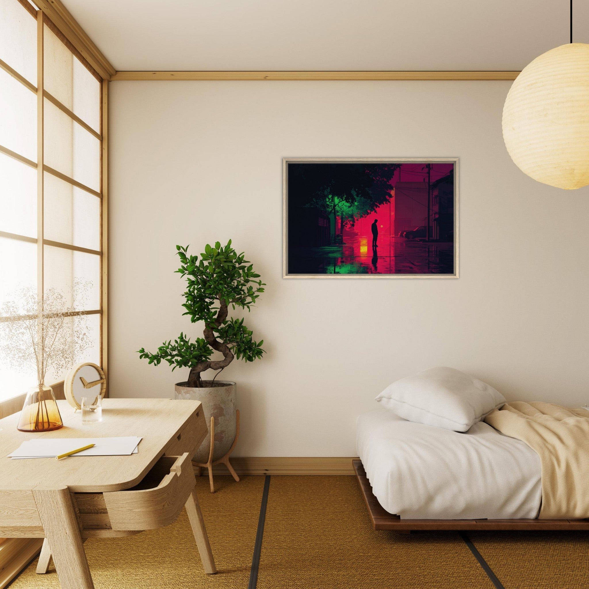 Framed Canvas Landscape - A city where neon lights create impossible rifle 4 - Shop Ai Art WebShop - Digital Art online Store