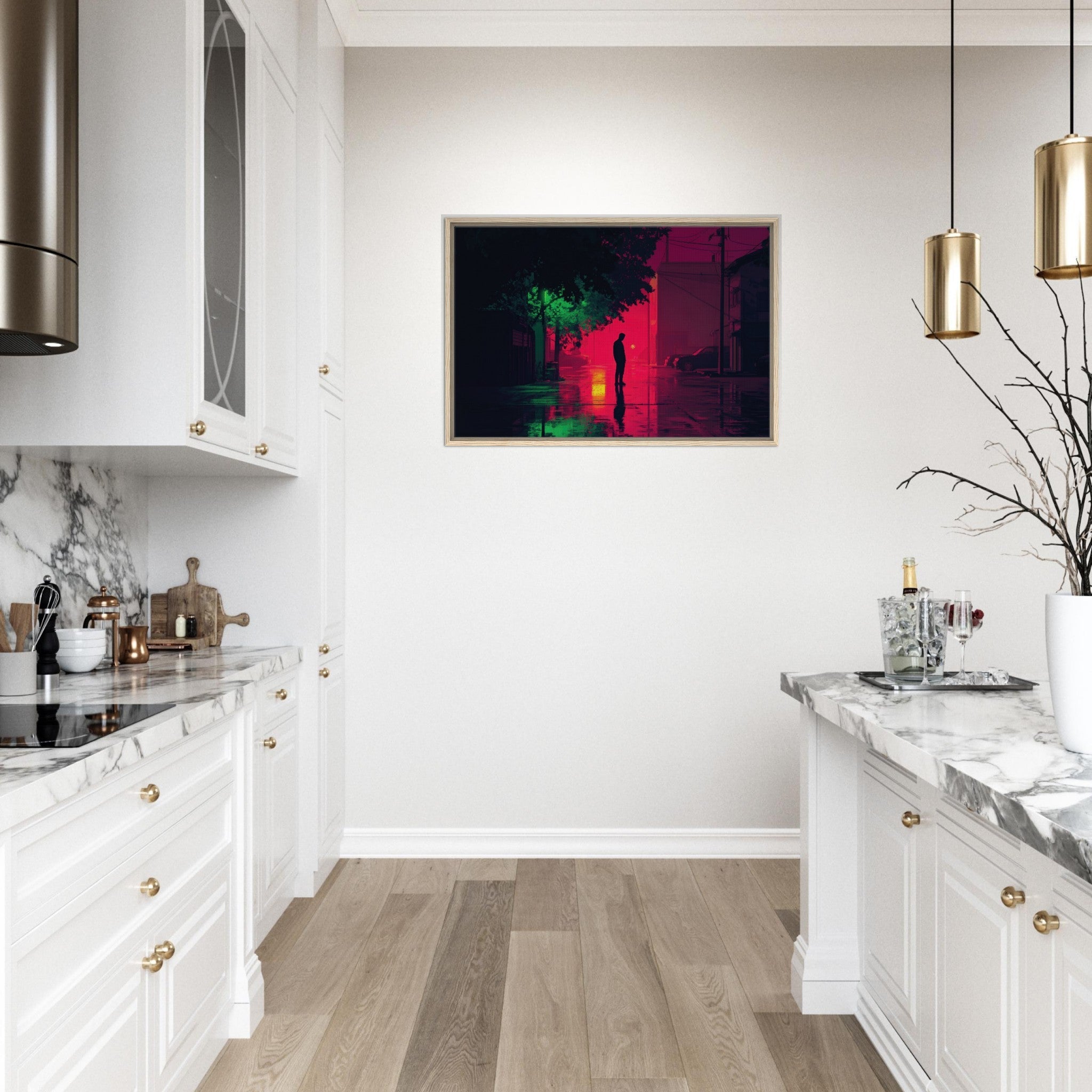 Framed Canvas Landscape - A city where neon lights create impossible rifle 4 - Shop Ai Art WebShop - Digital Art online Store
