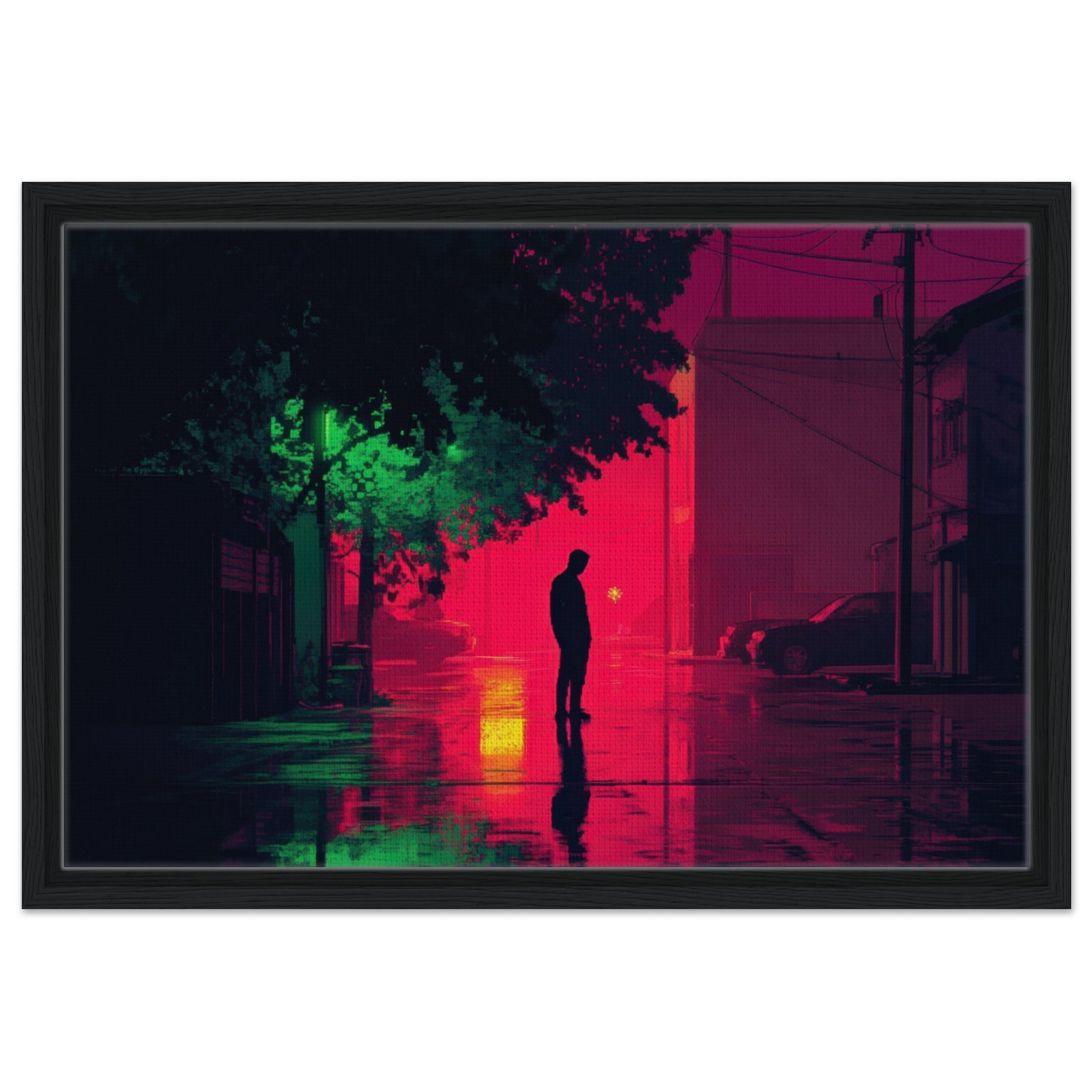 Framed Canvas Landscape - A city where neon lights create impossible rifle 4 - Shop Ai Art WebShop - Digital Art online Store