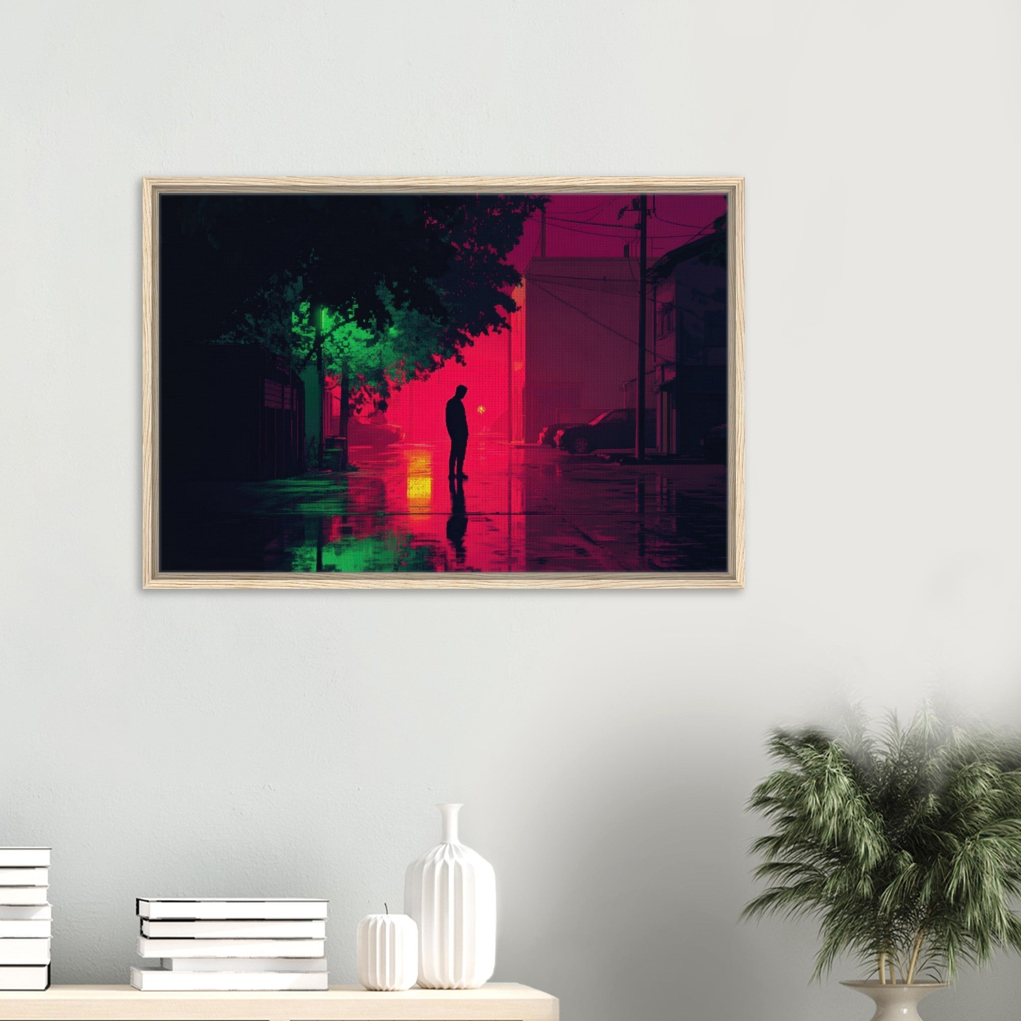 Framed Canvas Landscape - A city where neon lights create impossible rifle 4 - Shop Ai Art WebShop - Digital Art online Store