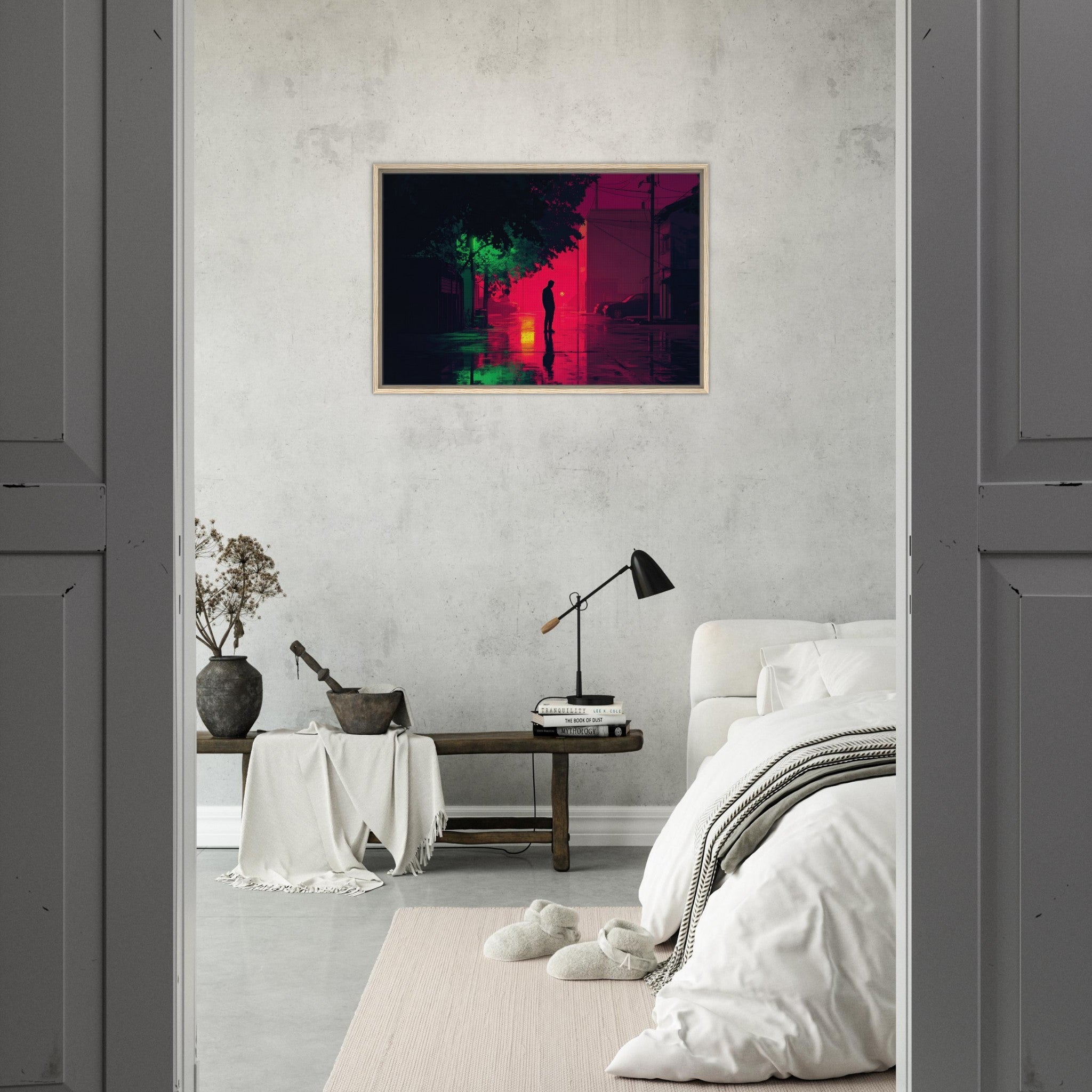 Framed Canvas Landscape - A city where neon lights create impossible rifle 4 - Shop Ai Art WebShop - Digital Art online Store