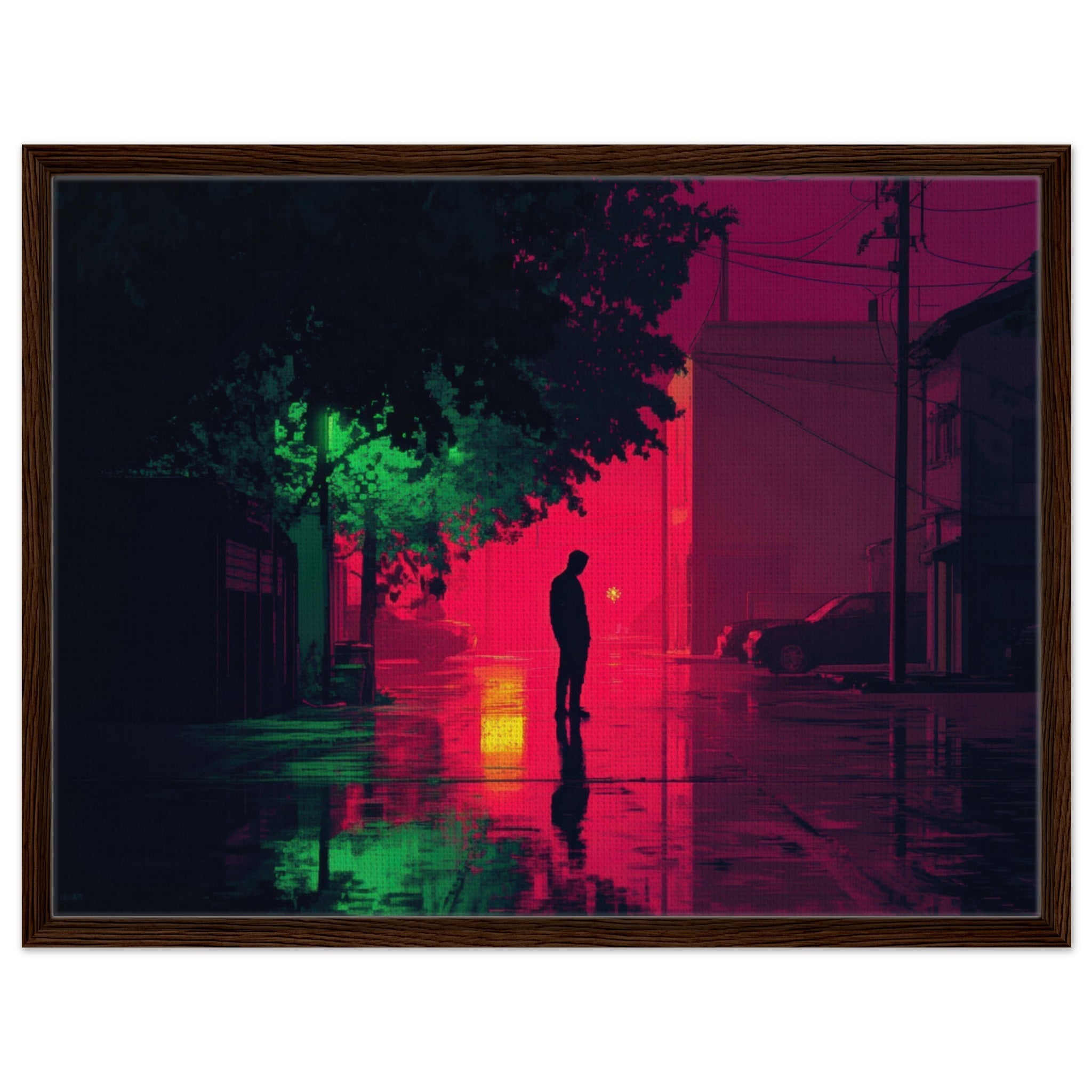 Framed Canvas Landscape - A city where neon lights create impossible rifle 4 - Shop Ai Art WebShop - Digital Art online Store