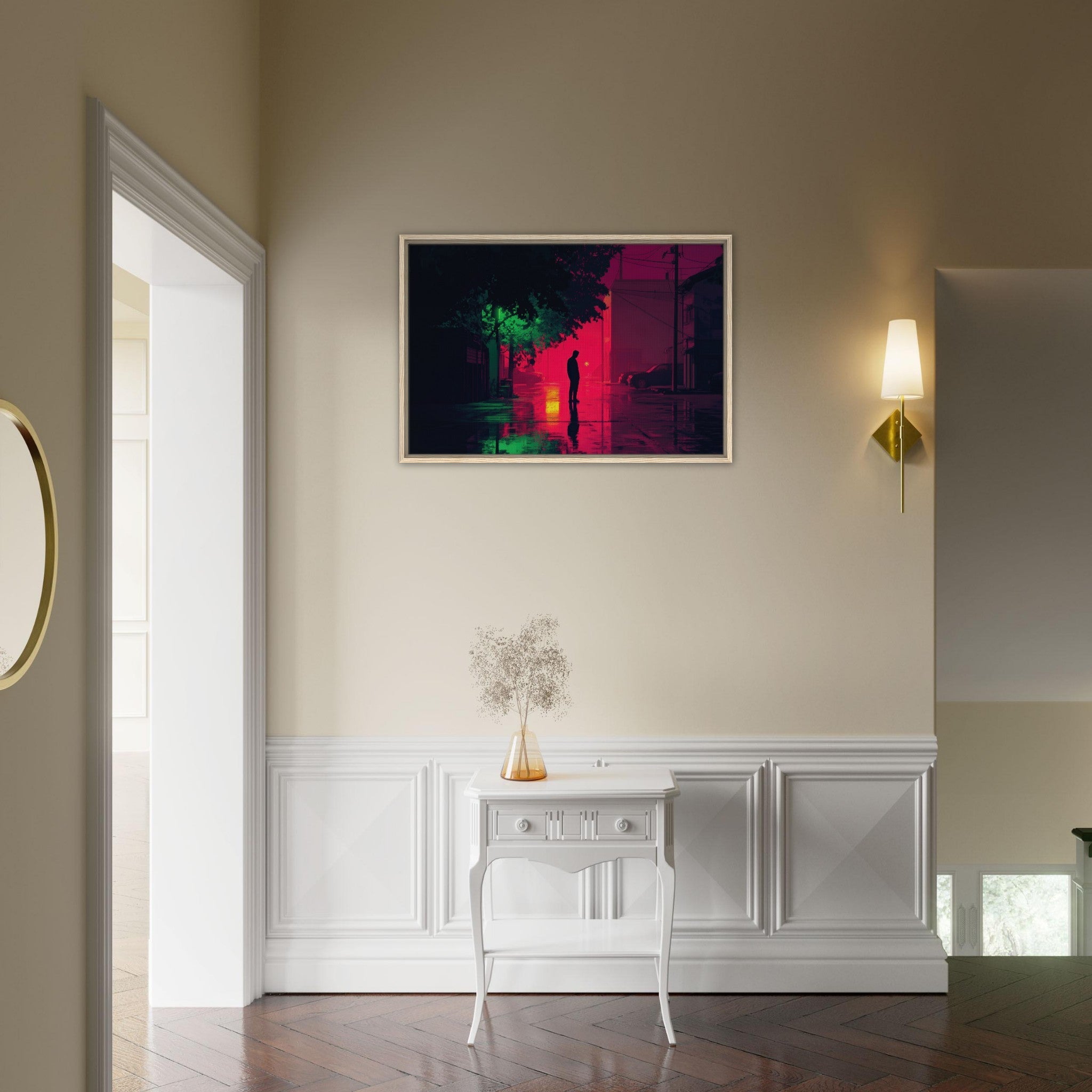 Framed Canvas Landscape - A city where neon lights create impossible rifle 4 - Shop Ai Art WebShop - Digital Art online Store