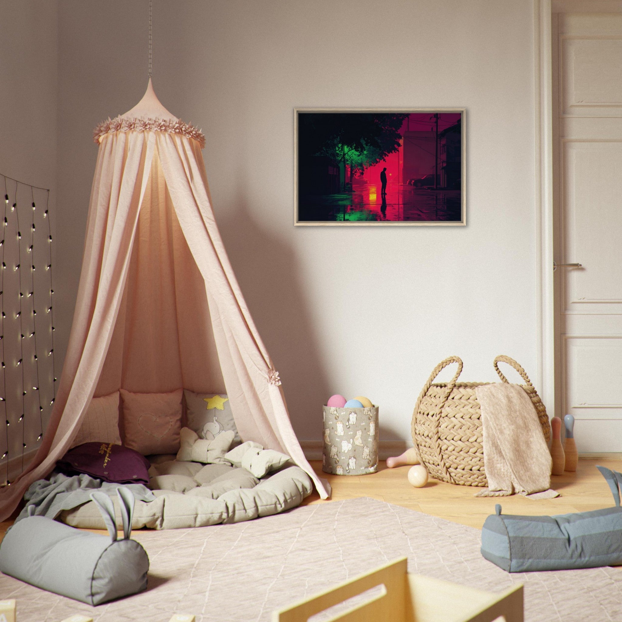 Framed Canvas Landscape - A city where neon lights create impossible rifle 4 - Shop Ai Art WebShop - Digital Art online Store
