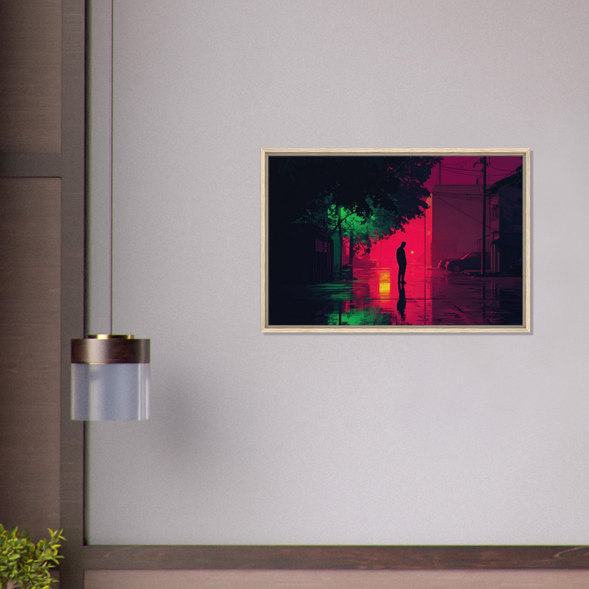 Framed Canvas Landscape - A city where neon lights create impossible rifle 4 - Shop Ai Art WebShop - Digital Art online Store