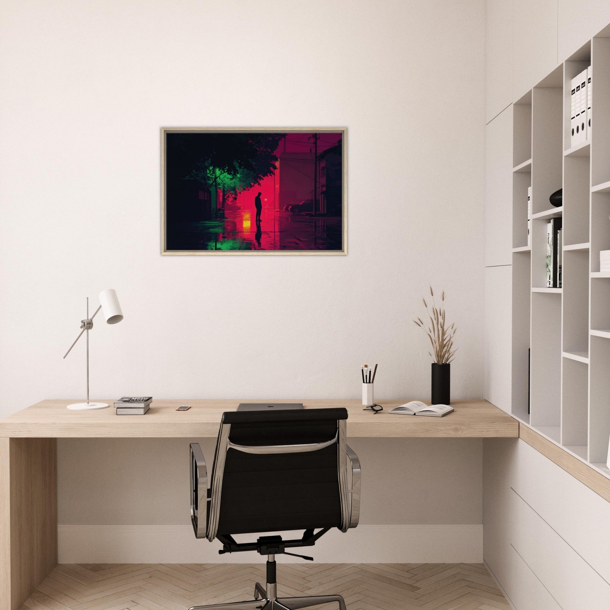 Framed Canvas Landscape - A city where neon lights create impossible rifle 4 - Shop Ai Art WebShop - Digital Art online Store