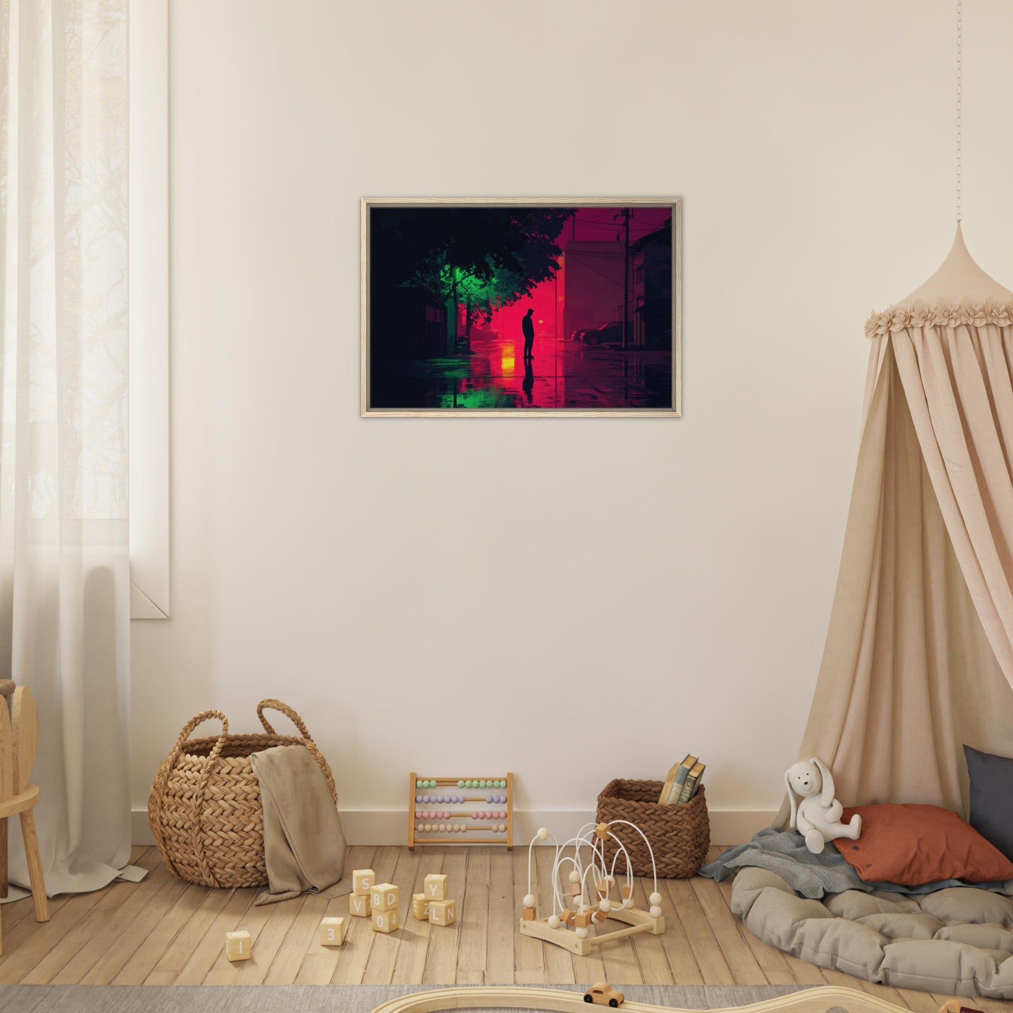 Framed Canvas Landscape - A city where neon lights create impossible rifle 4 - Shop Ai Art WebShop - Digital Art online Store